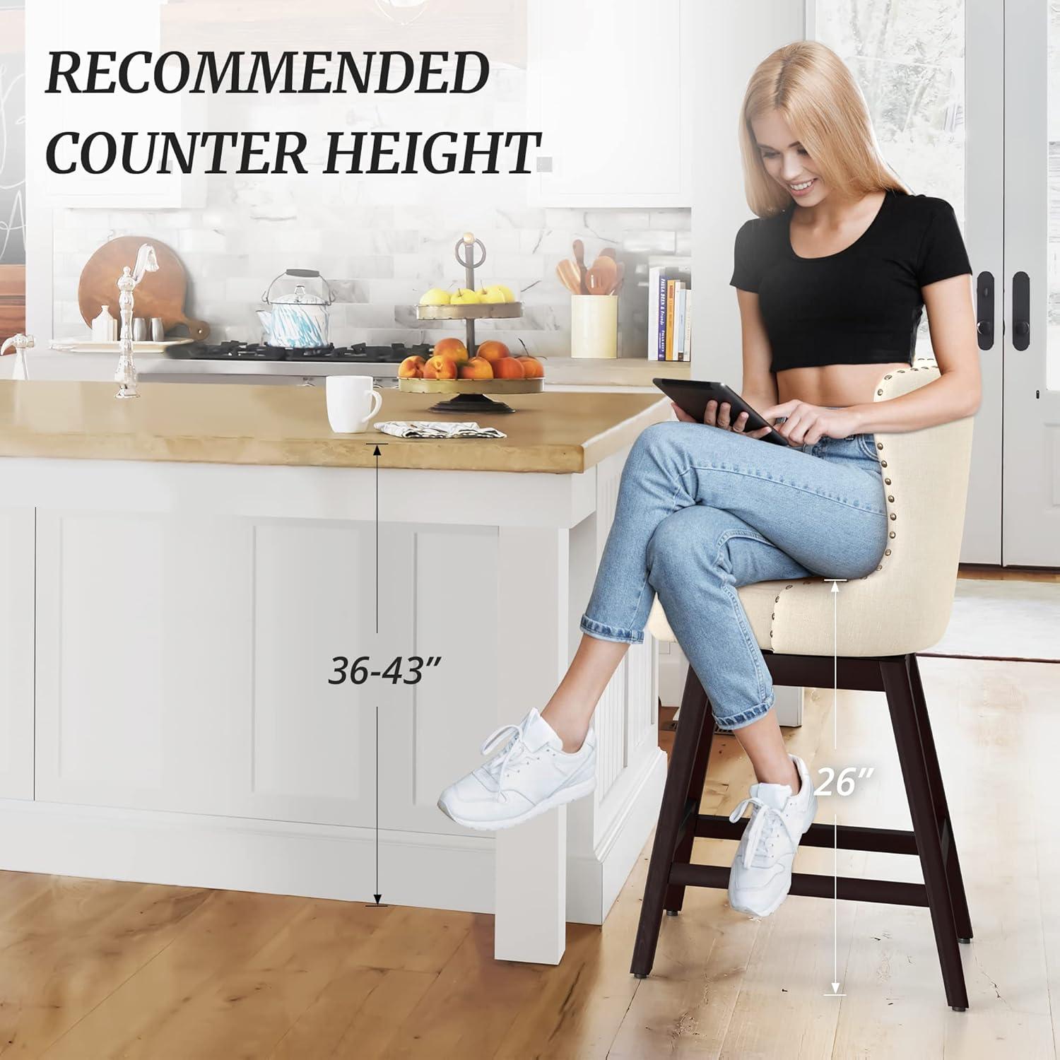 Counter Height Bar Stools, 26" H Swivel Bar Stool with Back, Linen Fabric Counter Stool, Solid Wood Legs, Retro Upholstered Barstools for Kitchen Island, Home Bar, Pub, Beige