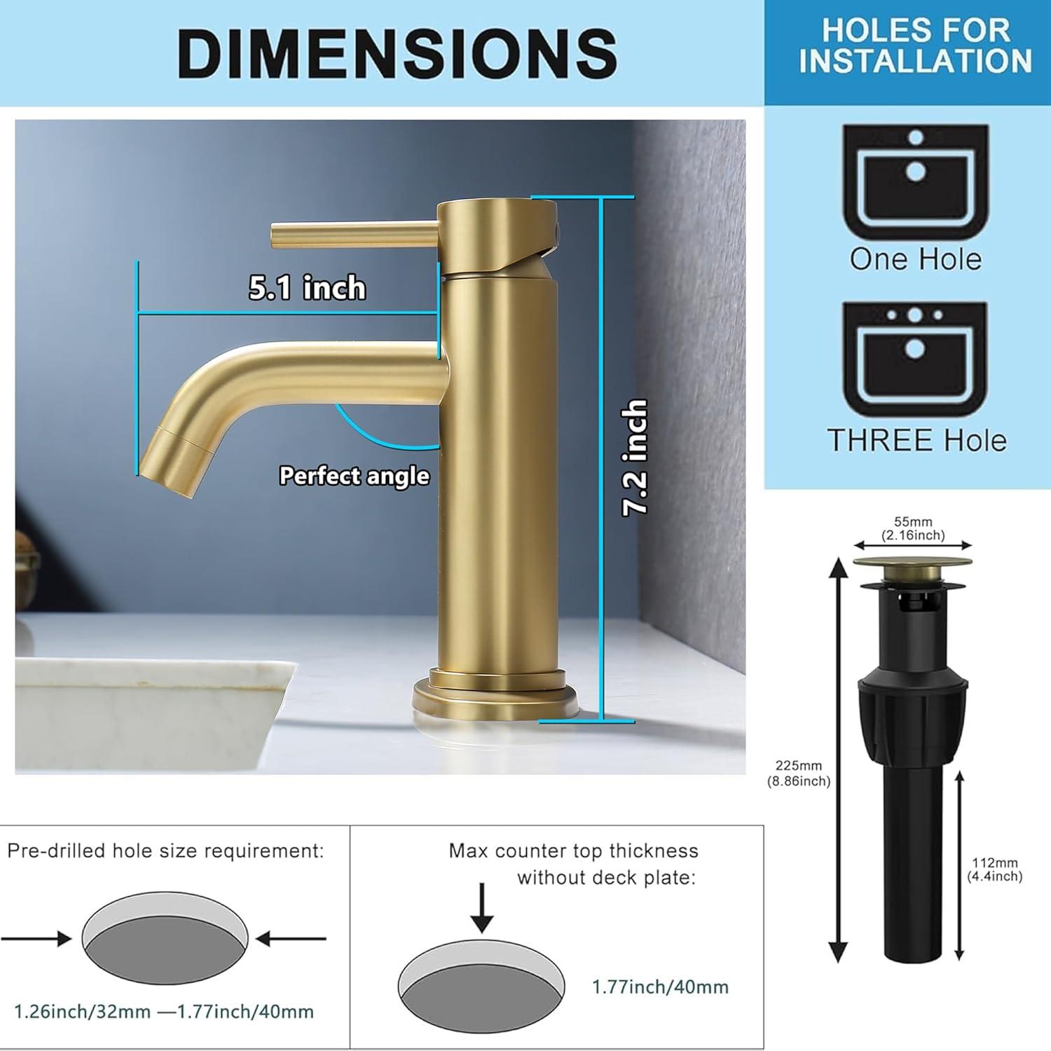 Brushed Gold Bathroom Faucet Gold Bathroom Sink Faucet Single Handle Gold Bathroom Faucet Modern Single Hole Faucet Bathroom with Pop-up Sink Drain Stopper & Deck Plate 1 or 3 Hole Bathroom Faucet