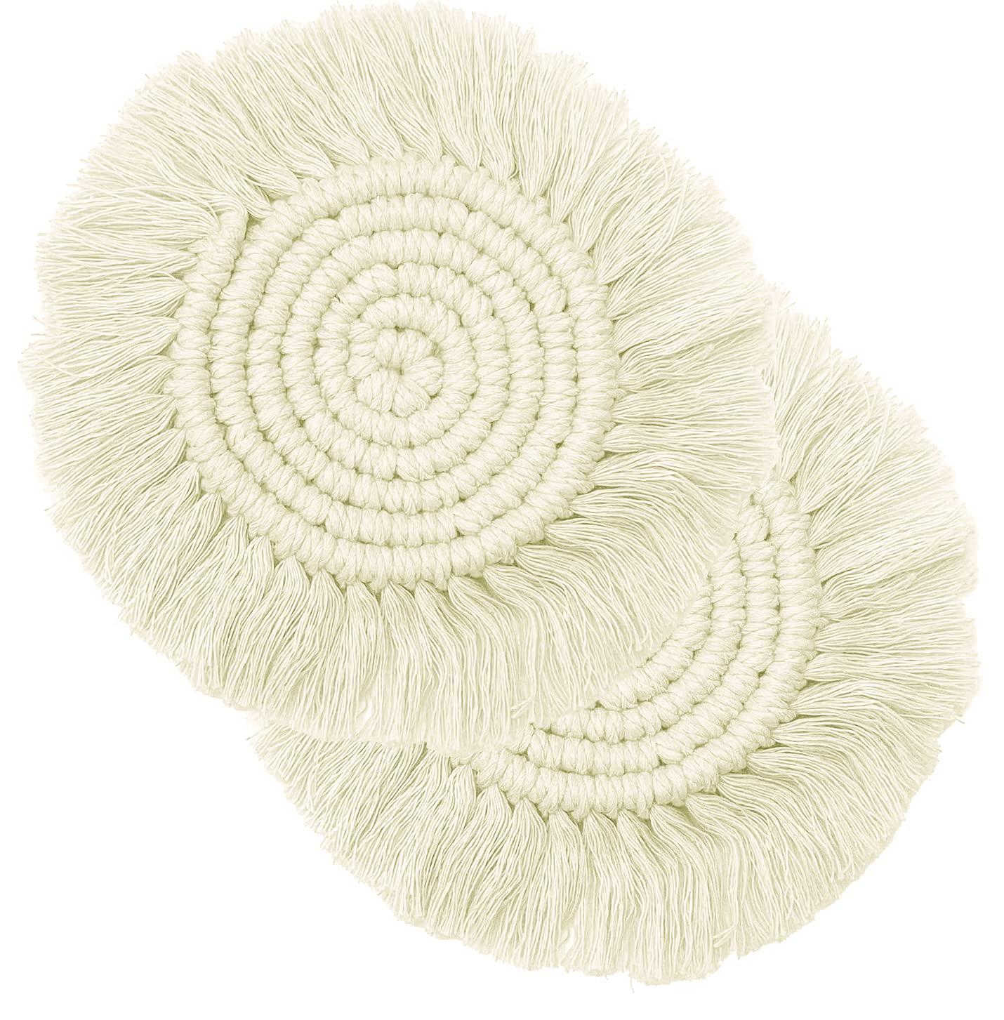 2 Posavasos Bohemios de Macramé para Bebidas, Posavasos Absorbentes con Borla, Posavasos Redondos de Algodón Hechos a Mano de 7 Pulgadas para Mesa de Escritorio, Cocina, Oficina, Hogar, Bar, Protección de Mesa, Regalo de Inauguración de la Casa, Rosa