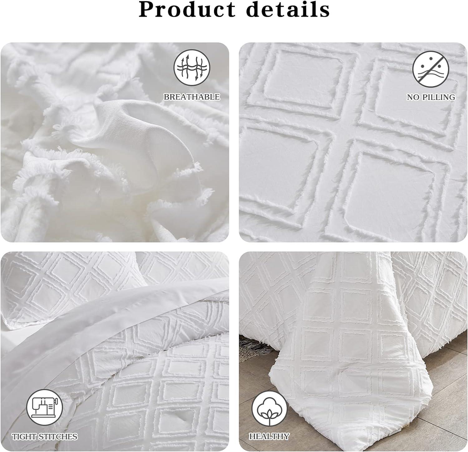 7 Pieces Tufted Bed in a Bag Queen Comforter Set with Sheets White, Soft and Embroidery Shabby Chic Boho Bohemian, Luxury Solid Color with Diamond Pattern, Jacquard Tufts Bedding Set for All Season