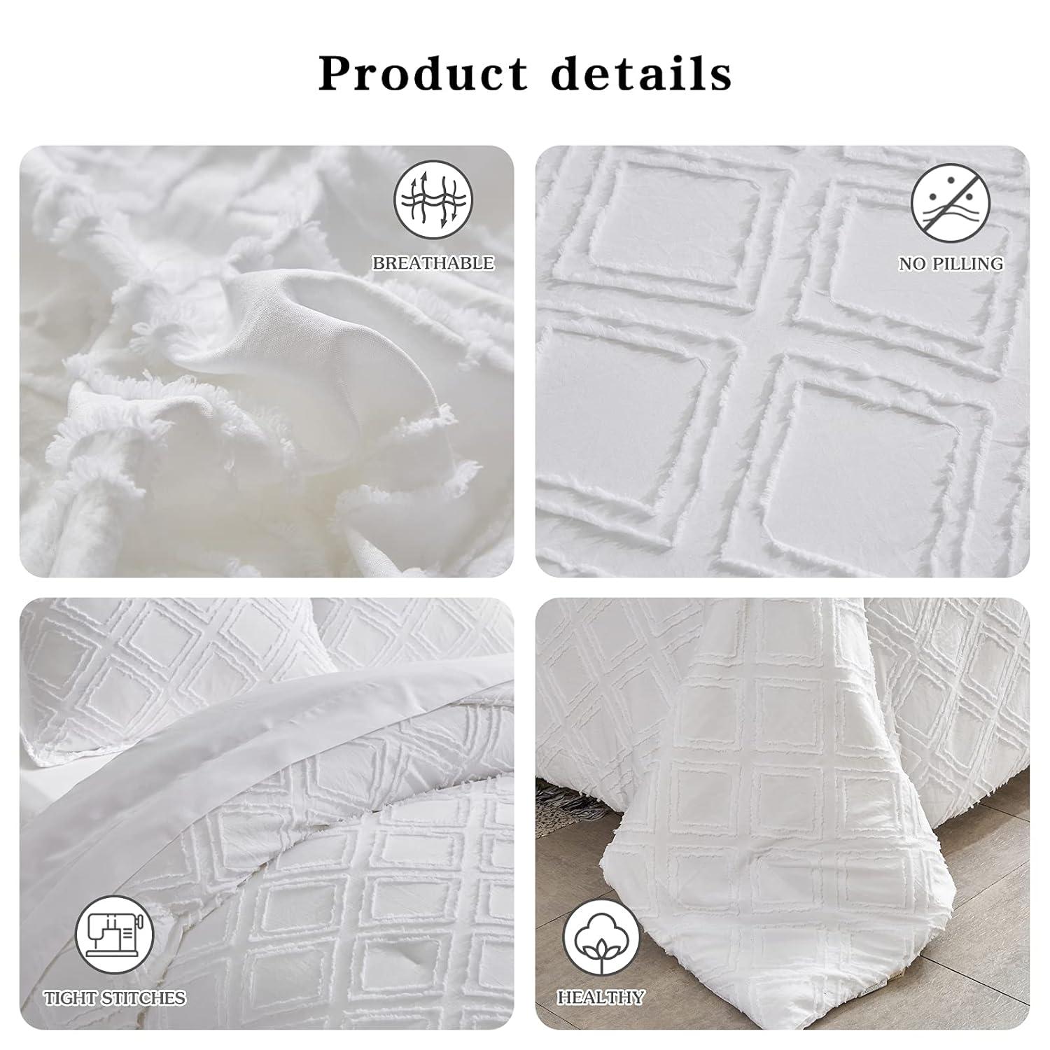 7 Pieces Tufted Bed in a Bag Queen Comforter Set with Sheets White, Soft and Embroidery Shabby Chic Boho Bohemian, Luxury Solid Color with Diamond Pattern, Jacquard Tufts Bedding Set for All Season