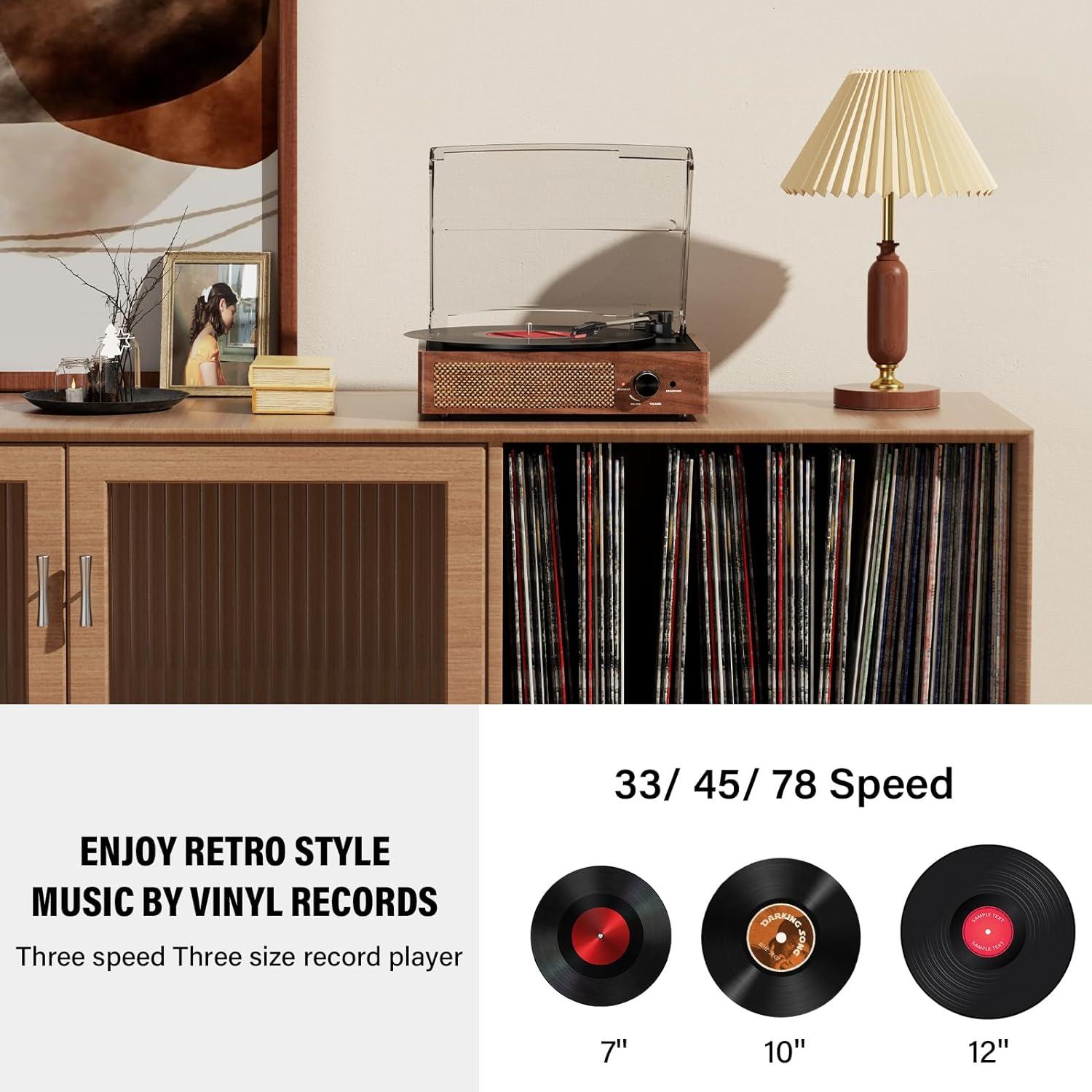 Record Players Vintage Turntable for Vinyl Records with Speakers Belt-Driven Turntables Support 3-Speed, Bluetooth Wireless Playback, Headphone, AUX-in, RCA Line LP Vinyl Players