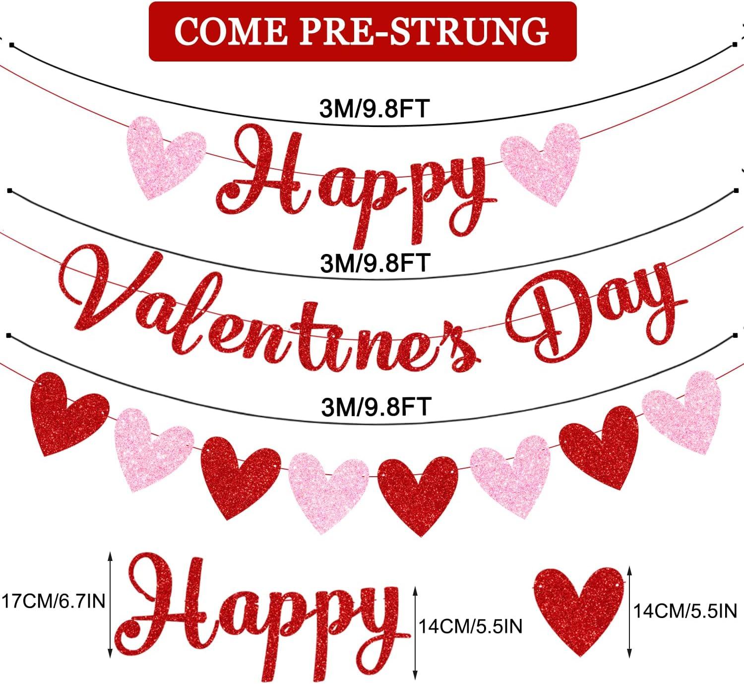 Glittery Heart Valentine's Day Banner, Red & Pink Sparkling Hollow Heart Shape DIY Paper Banner for Wedding Decoration