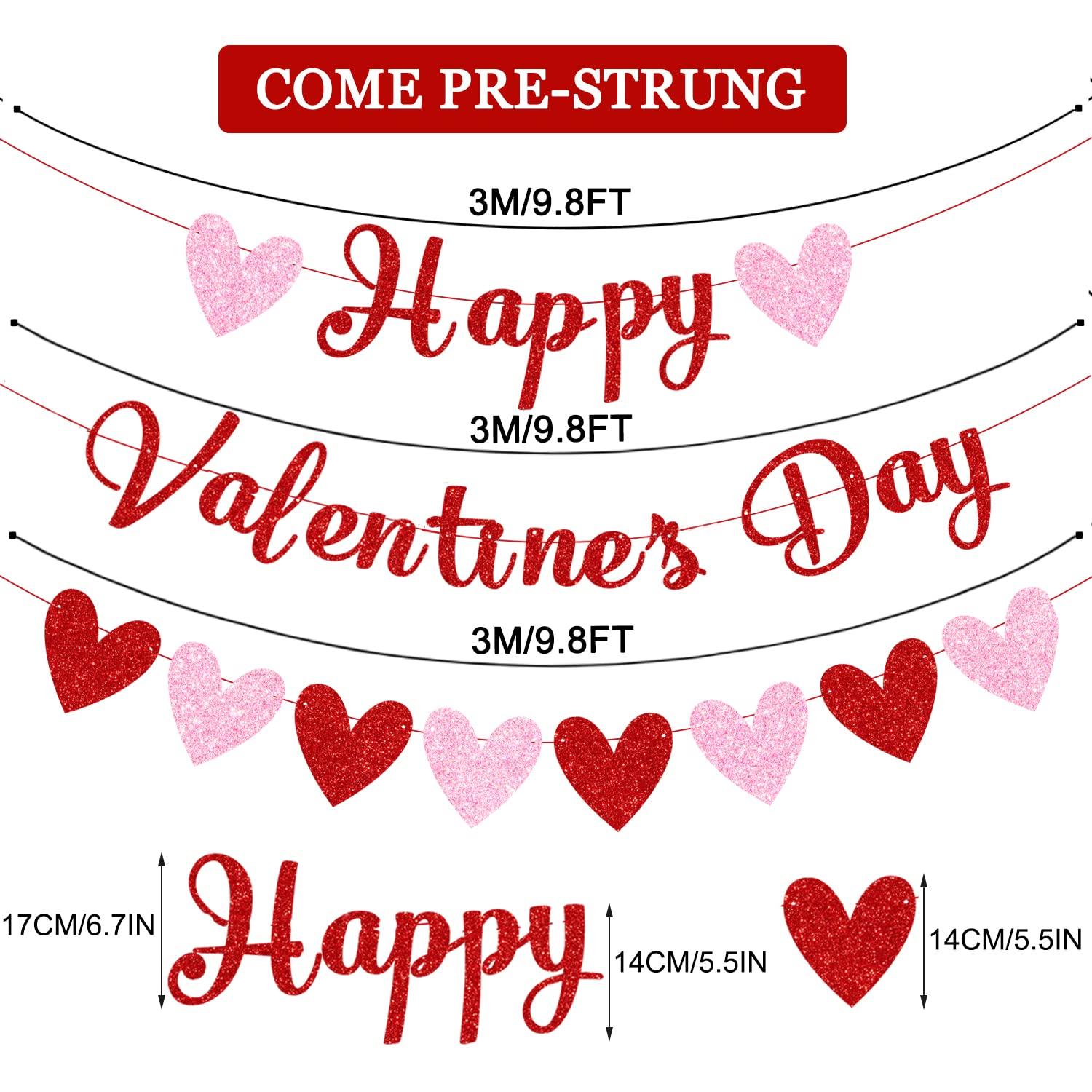 Glittery Heart Valentine's Day Banner, Red & Pink Sparkling Hollow Heart Shape DIY Paper Banner for Wedding Decoration