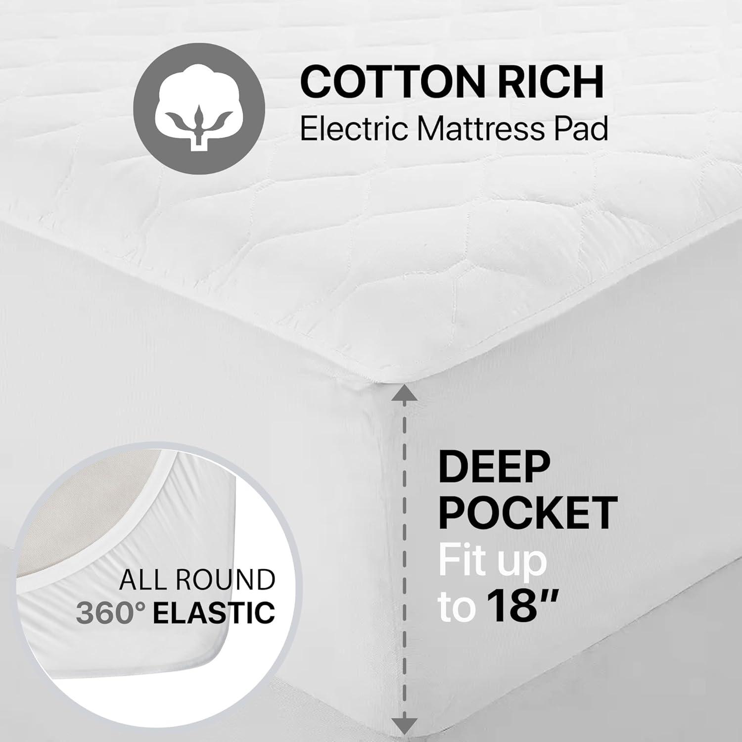 Cotton Blend Heated Mattress Pad (Queen) White - Beautyrest: 5 Heat Settings, Machine Washable, Fits 18" Mattress