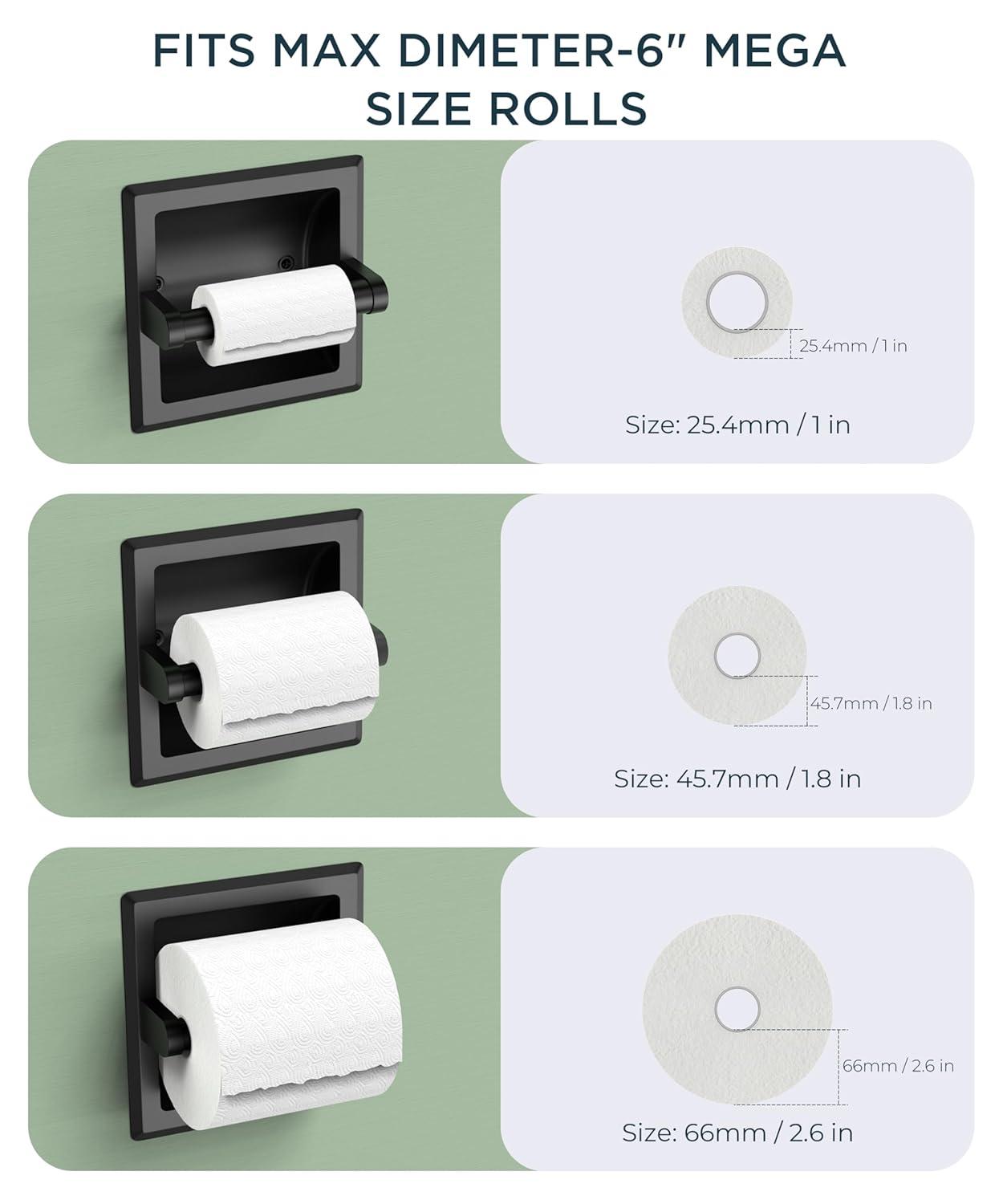 FORIOUS Recessed Toilet Paper Holder, Stainless Steel Durable Tissue Roll Holder Wall Mount for Bathroom Space Saving Design with Mounting Bracket, in Wall Toilet Paper Dispenser Insert, Matte Black