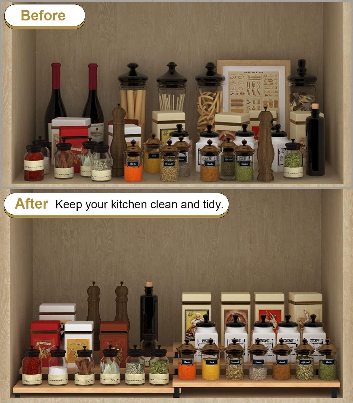 3 Tier Expandable Bamboo Spice Rack Cabinet Step Shelf Organizer for Kitchen Pantry Countertop Cupboard