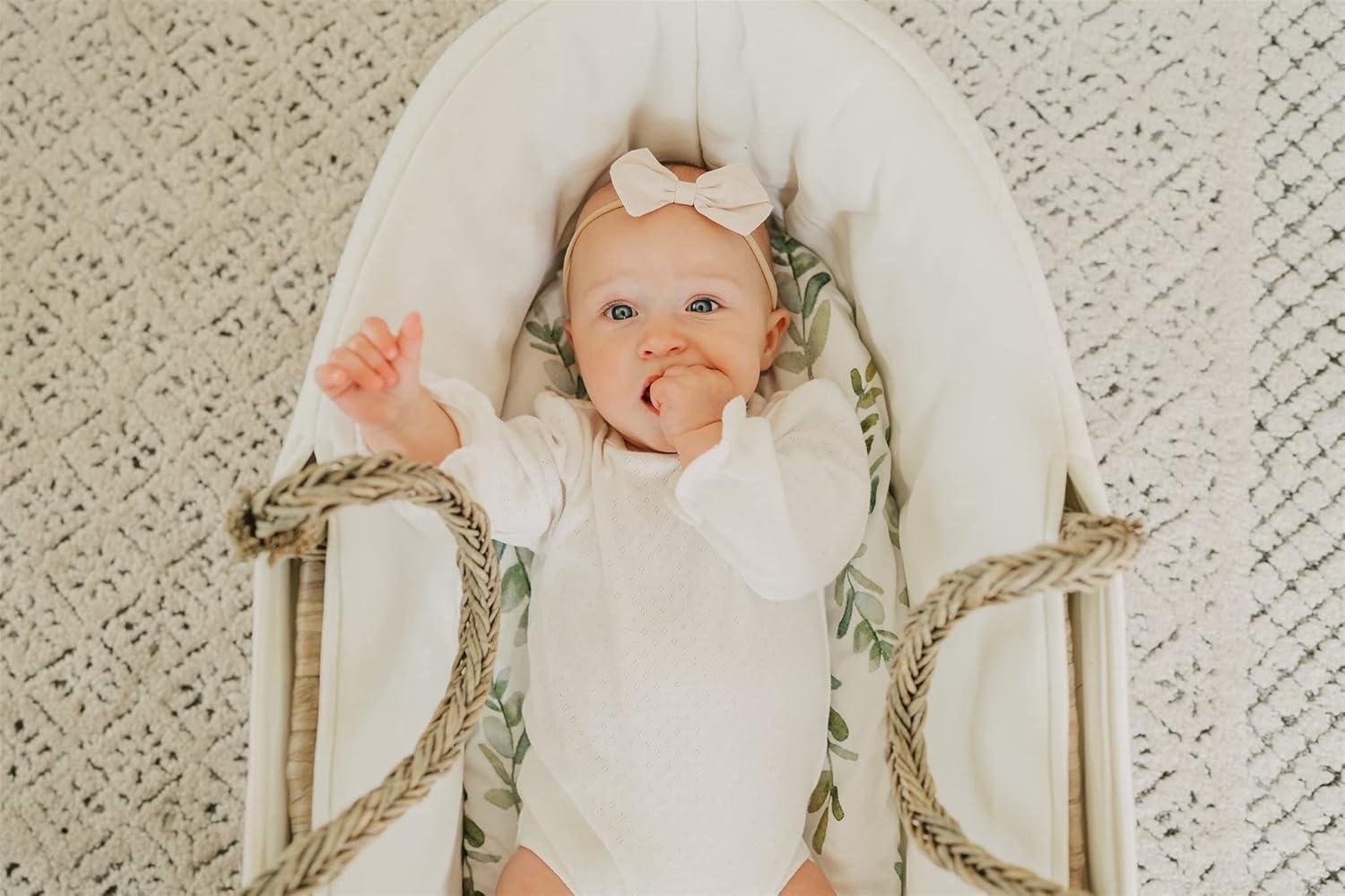 NODNAL CO. Green Leafy Cotton Bassinet Fitted Sheet Set, 100% OEKO-TEX Cotton, 3 Pieces, for Newborn Infant Baby Girl or Boy Nursery Bedding, Gender Neutral Leafs, Greenery, Floral Eucalyptus