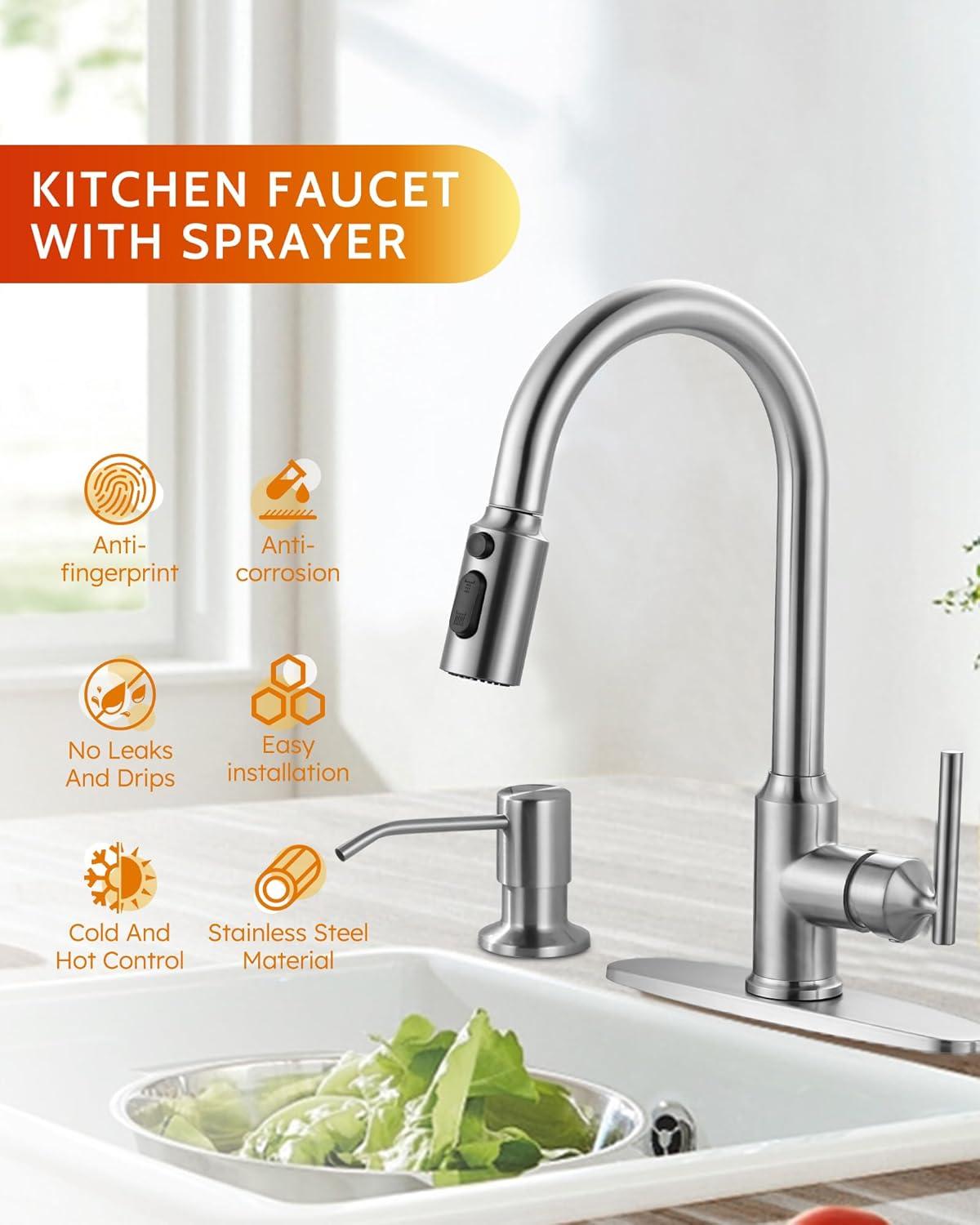 Brushed Nickel Stainless Steel Pull Down Kitchen Faucet with Soap Dispenser