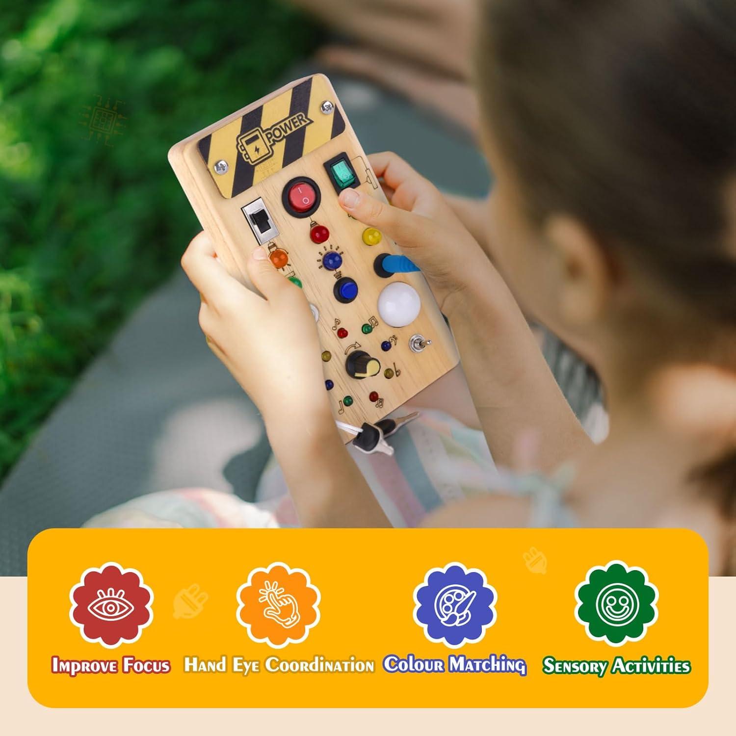Montessori Wooden Busy Board with 8 LED Light switches, Sensory Toys Light Switch Travel Toys for 1+ Year Old Baby and Toddler