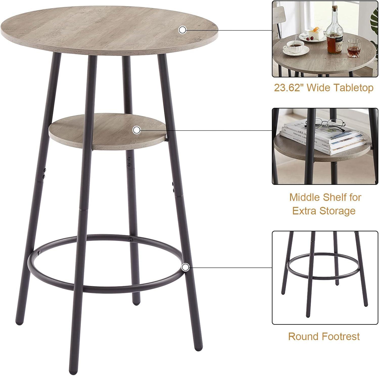 Modern Bar Table Set, SYNGAR Kitchen Table and Chairs for 2, 3 Piece Counter Height Dining Set with 2 Cushioned Stools, Round Long Bistro Pub Table Set, Breakfast Dining Table Set, Gray