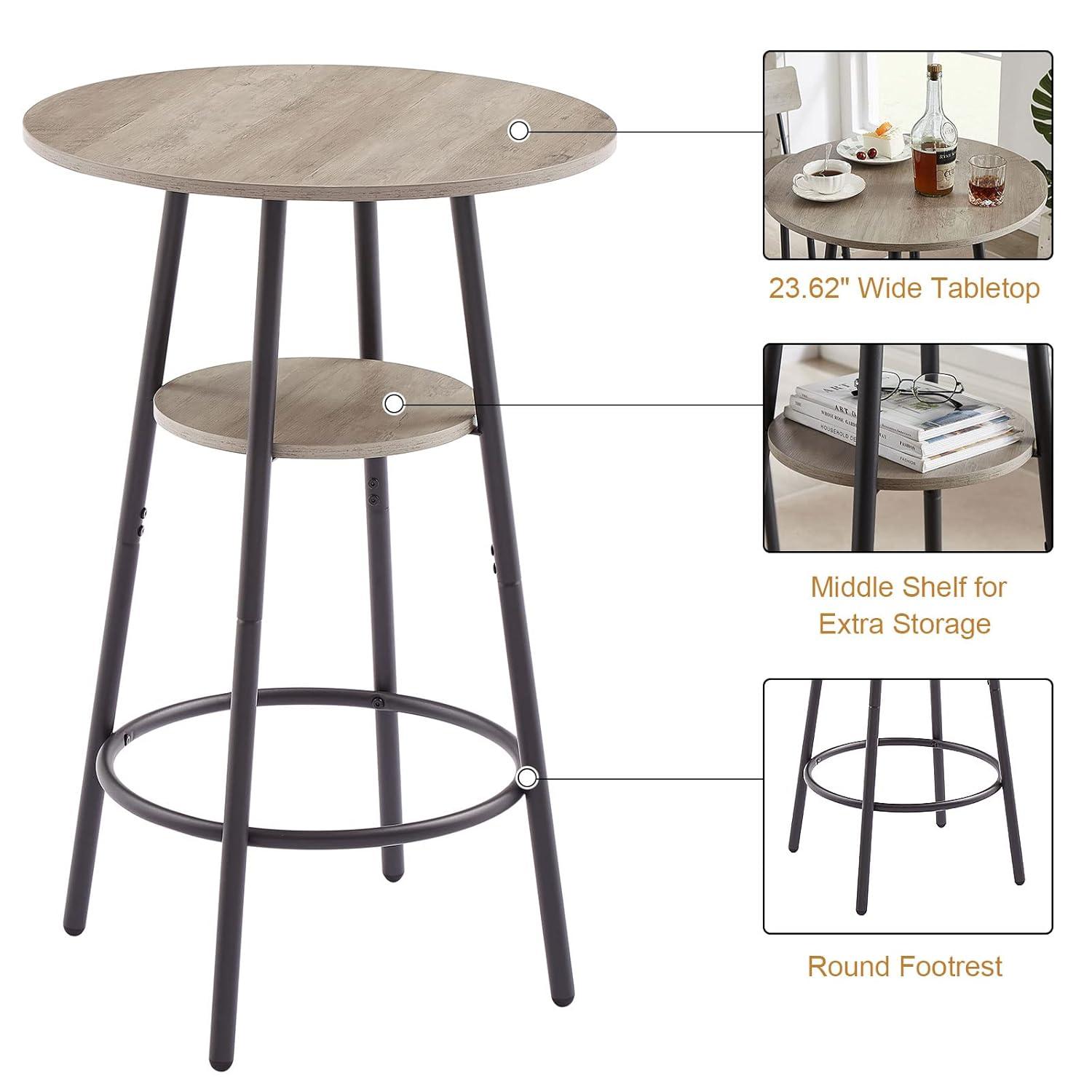 Kitchen Bar Table Set, 3-Piece Bar Table Set for Kitchen, Round Dining Room Set with 2 Upholstered Chairs, Gray Table and Chairs Dining Set for Pub Bistro Restaurant