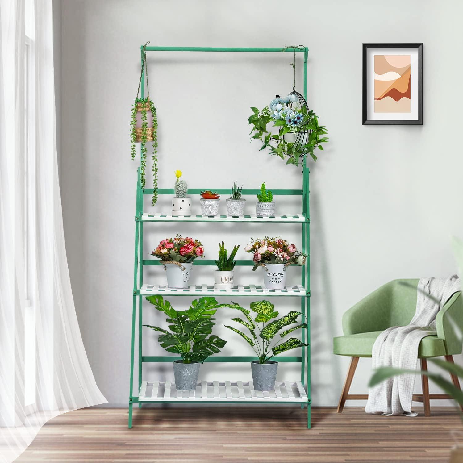 MoNiBloom Bamboo 3 Tier Plant Stand Triangular Flower Pot Holder With Hanging Basket