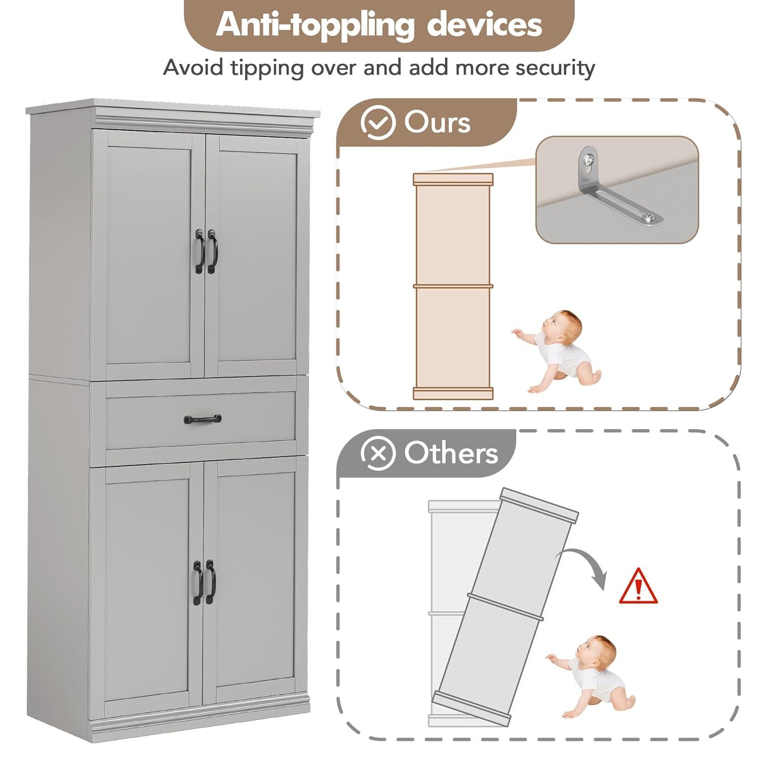 Ataucjin 70" Tall Kitchen Pantry Cabinet, Freestanding Cupboard Kitchen Pantry Storage Cabinet, Freestanding Cupboard with Doors and Adjustable Shelves, for Bathroom, Dining Room, Living Room