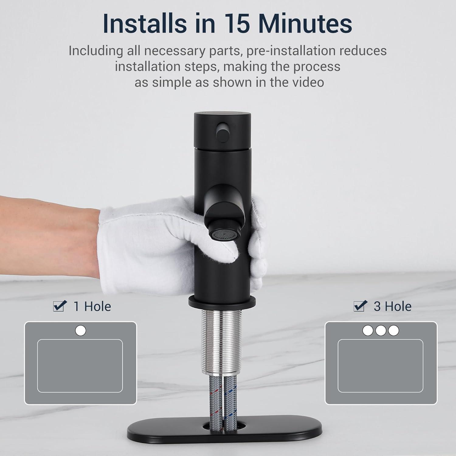 Bathroom Sink Faucet One Hole,Lavatory Tap for Basin,Matte Black Bathroom Sink Faucet with Metal Pop Up Drain Assembly， Bathroom Faucet 1 Hole with 3 Hole Deck Plate