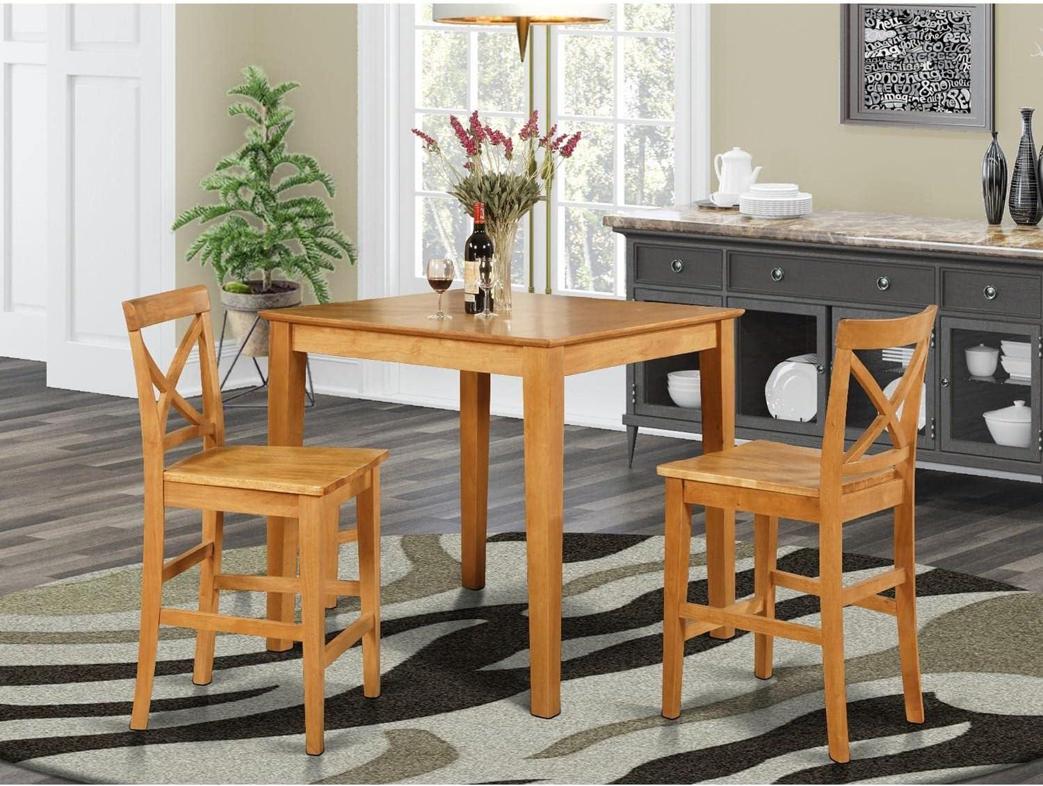 Oak Finish Square Pub Table with 2 Wooden Chairs