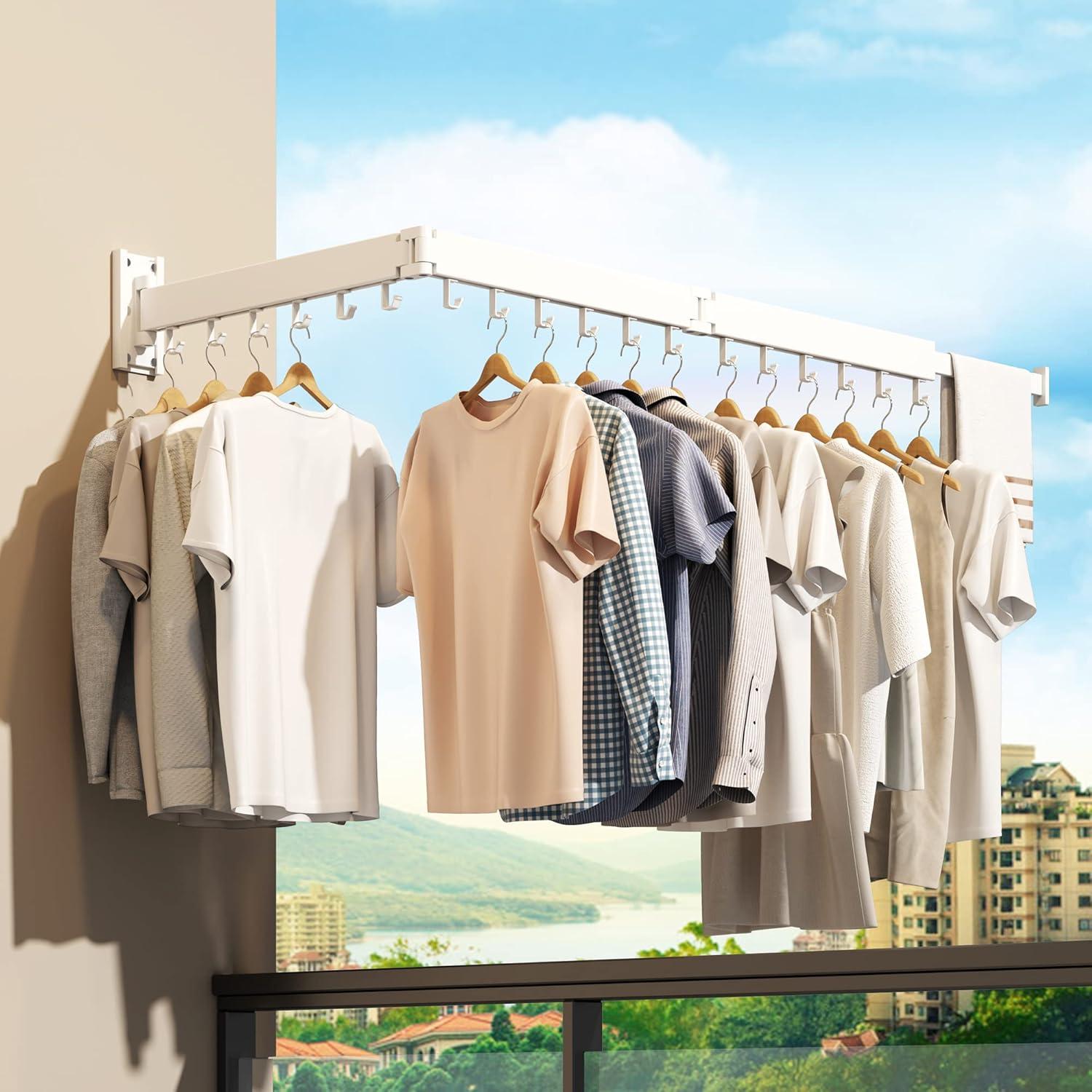 Dr.DJ Clothes Drying Rack for Laundry, Retractable Clothes Hanger Rack Wall Mounted Folding Indoor, Drying Rack, Space Saver Clothes Rack,Collapsible (Tri-Fold) with 18 J-Hooks Laundry Rack White