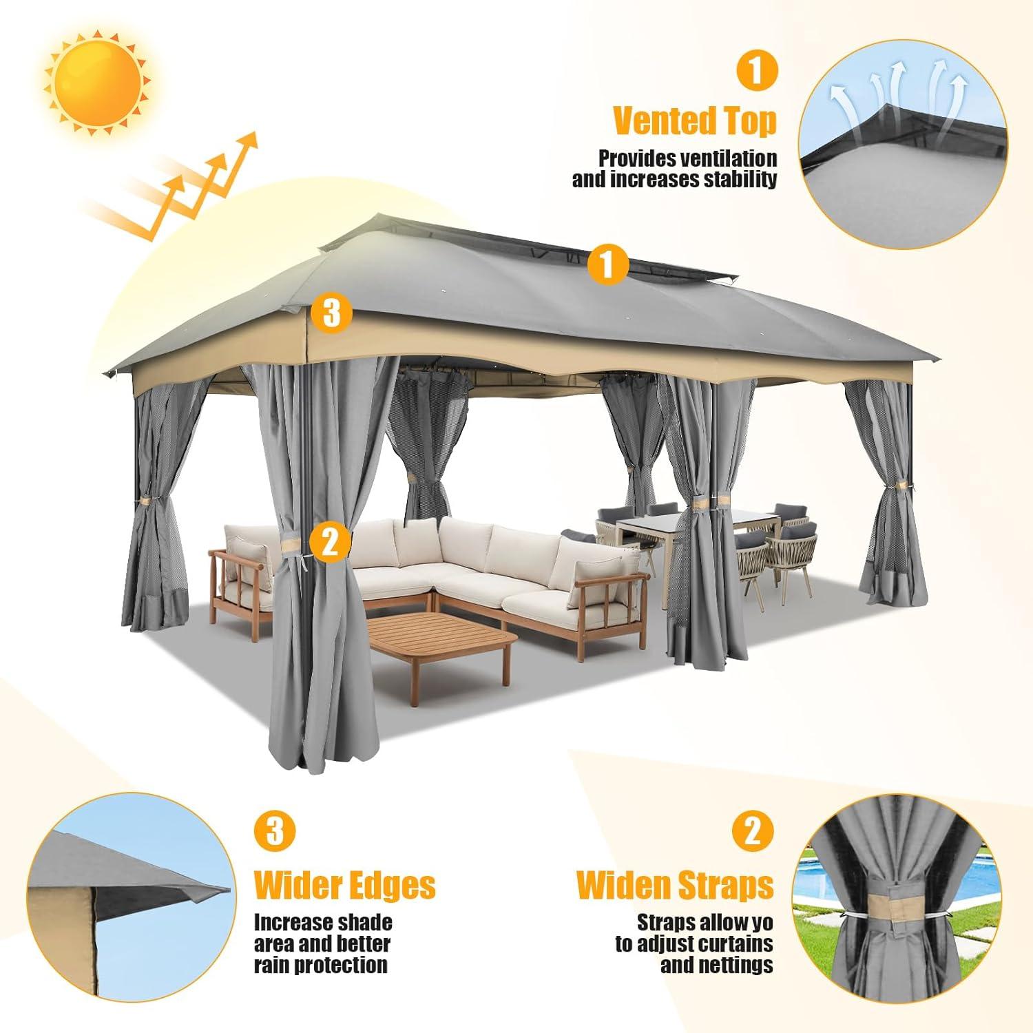 COBIZI 12X20 Heavy Duty Gazebo Outdoor Gazebo with Mosquito Netting and Curtains, Canopy Tent Deck Gazebo with Double-Arc Roof Ventiation and Metal Steel Frame Suitable for Lawn, Backyard, Patio,Gray