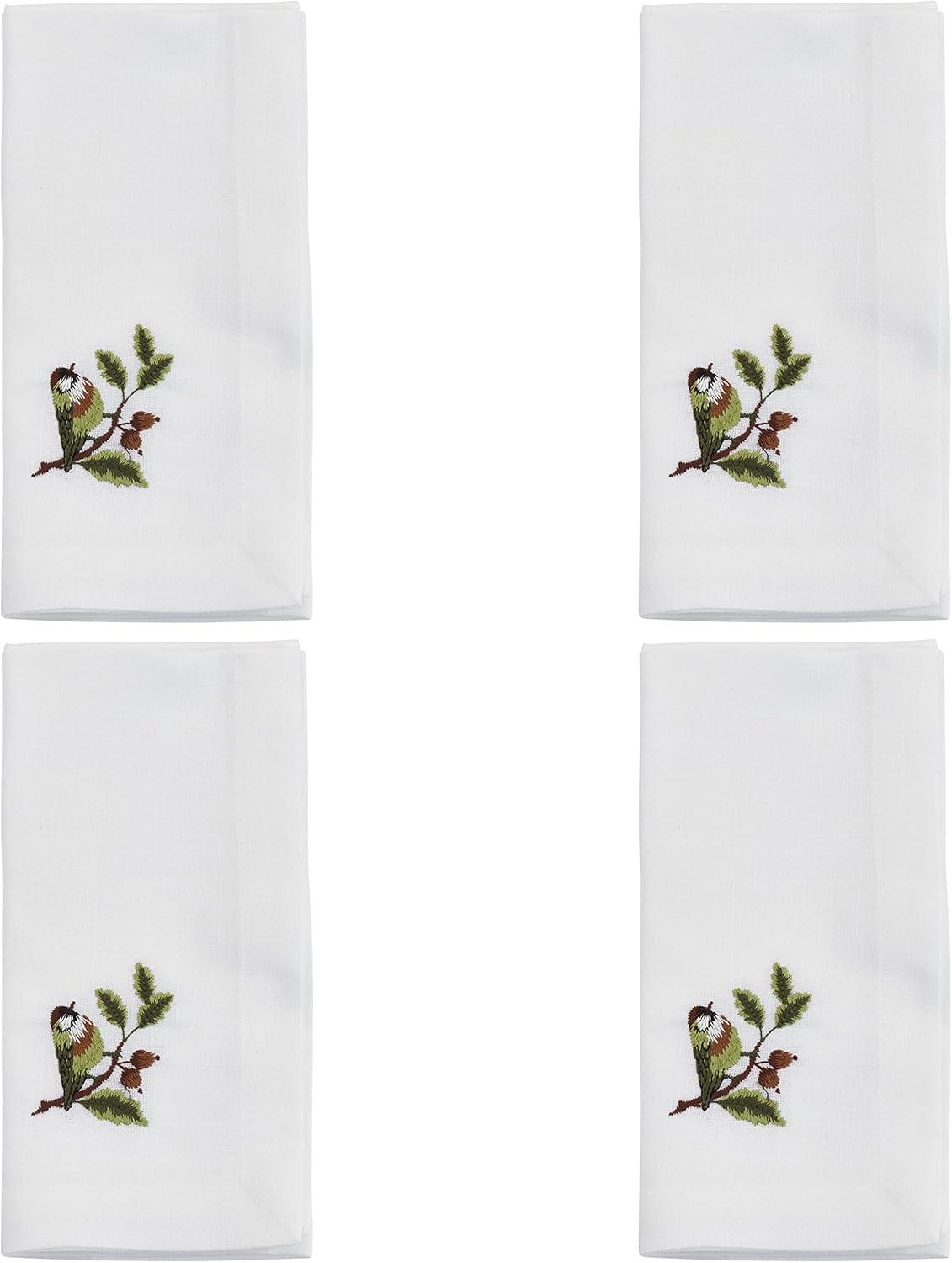 White Polyester Napkins with Embroidered Bluebird Design, Set of 4