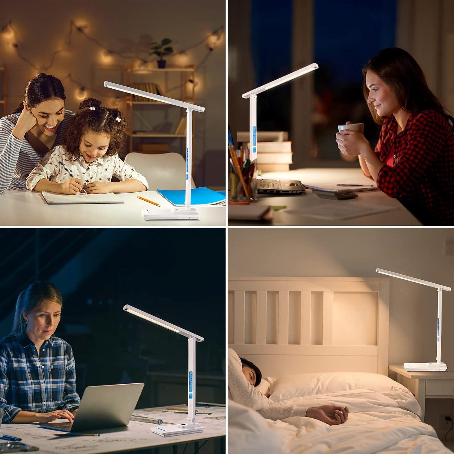 White Adjustable LED Desk Lamp with Wireless Charger and Clock