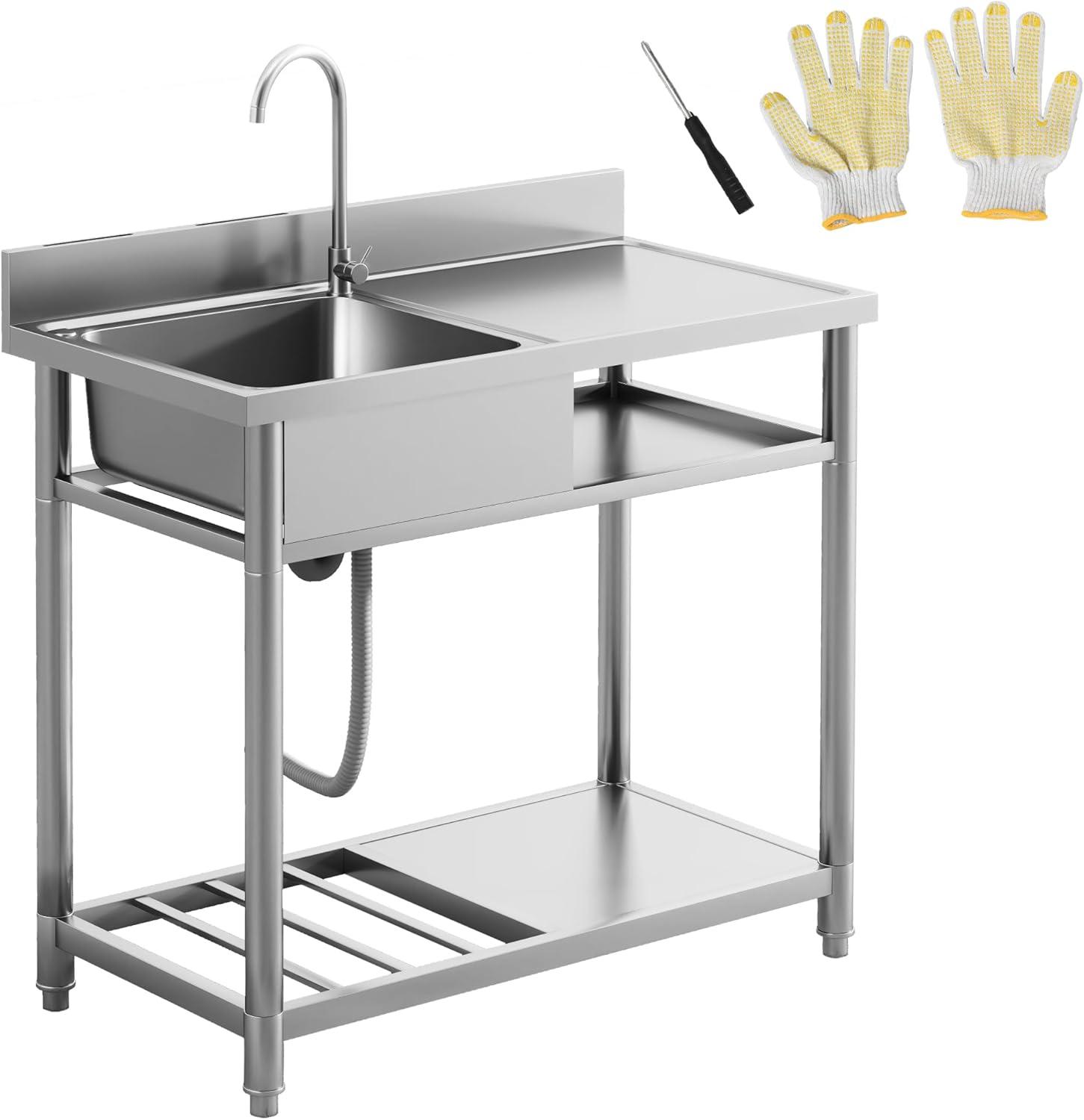 Outdoor Utility Sink, Deep Stainless Steel Sink, Free Standing Single Bowl Kitchen Sink With Cold And Hot Water Pipe And Storage Shelf For Laundry Garage, 39 Inch