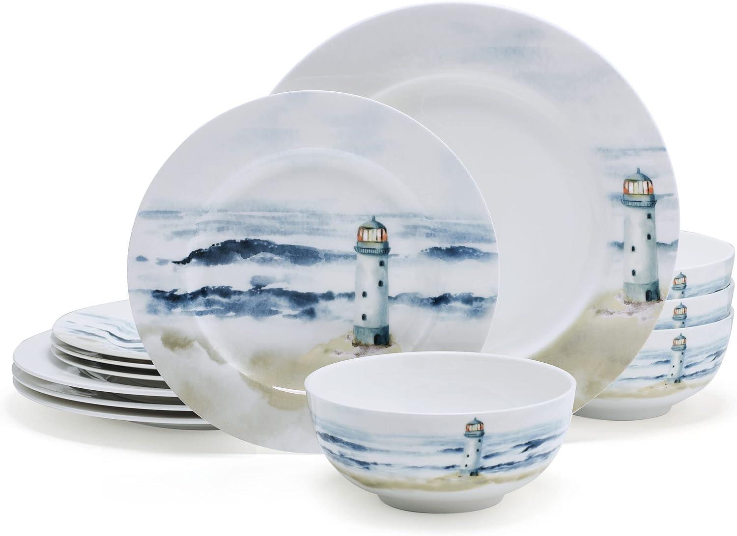 Seaside Coastal Multicolor Porcelain 12-Piece Dinnerware Set, Service for 4