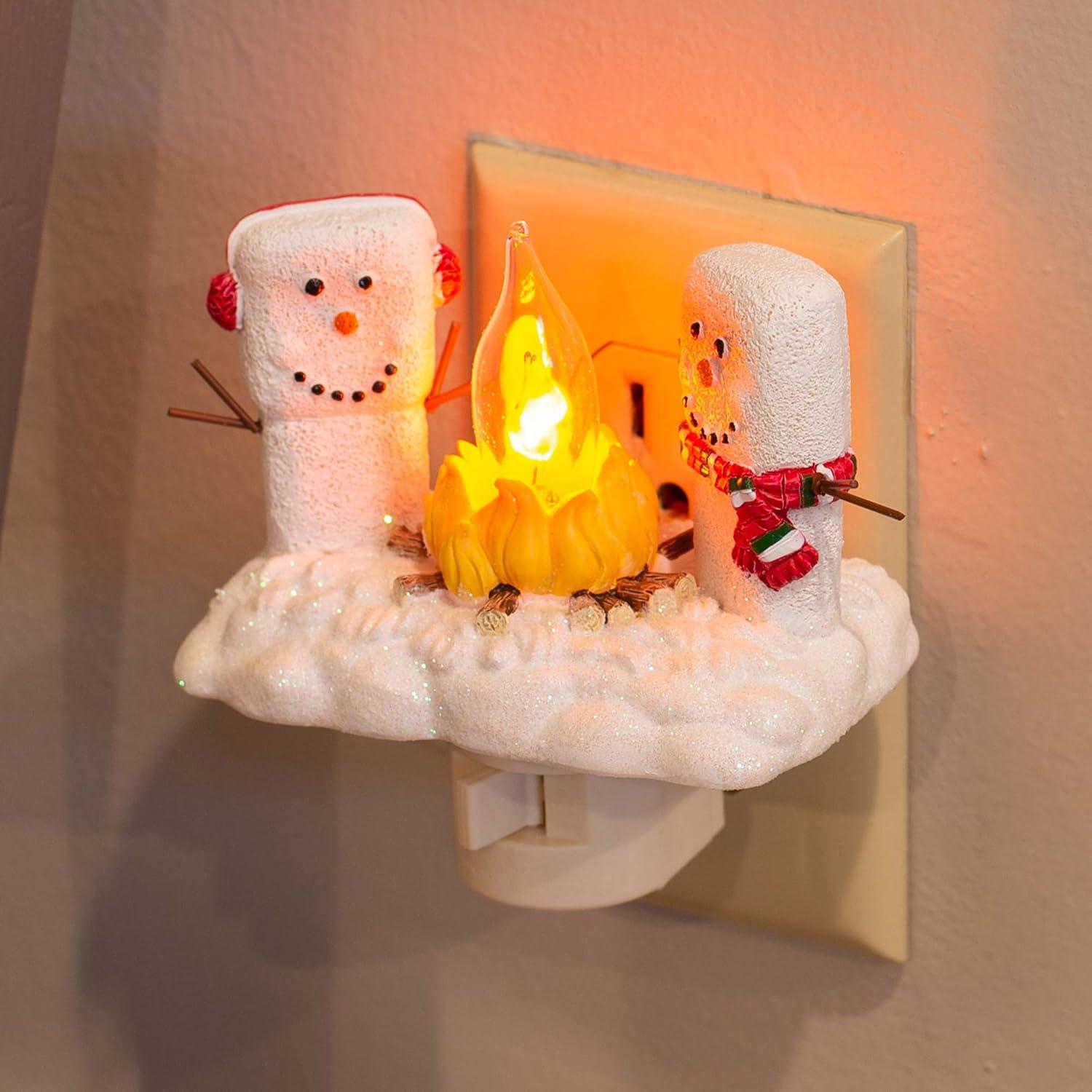 Festive Marshmallow Campfire Night Light with Holly Design