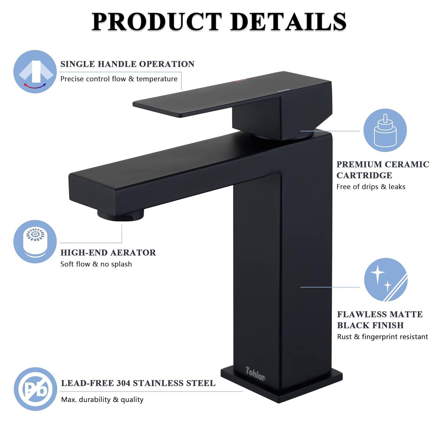 Matte Black Single Handle Bathroom Sink Faucet, Stainless Steel Bathroom Faucet with cUPC Certified Water Supply Hoses, Commercial Vanity Faucet Modern Single Hole RV Bathroom Faucets