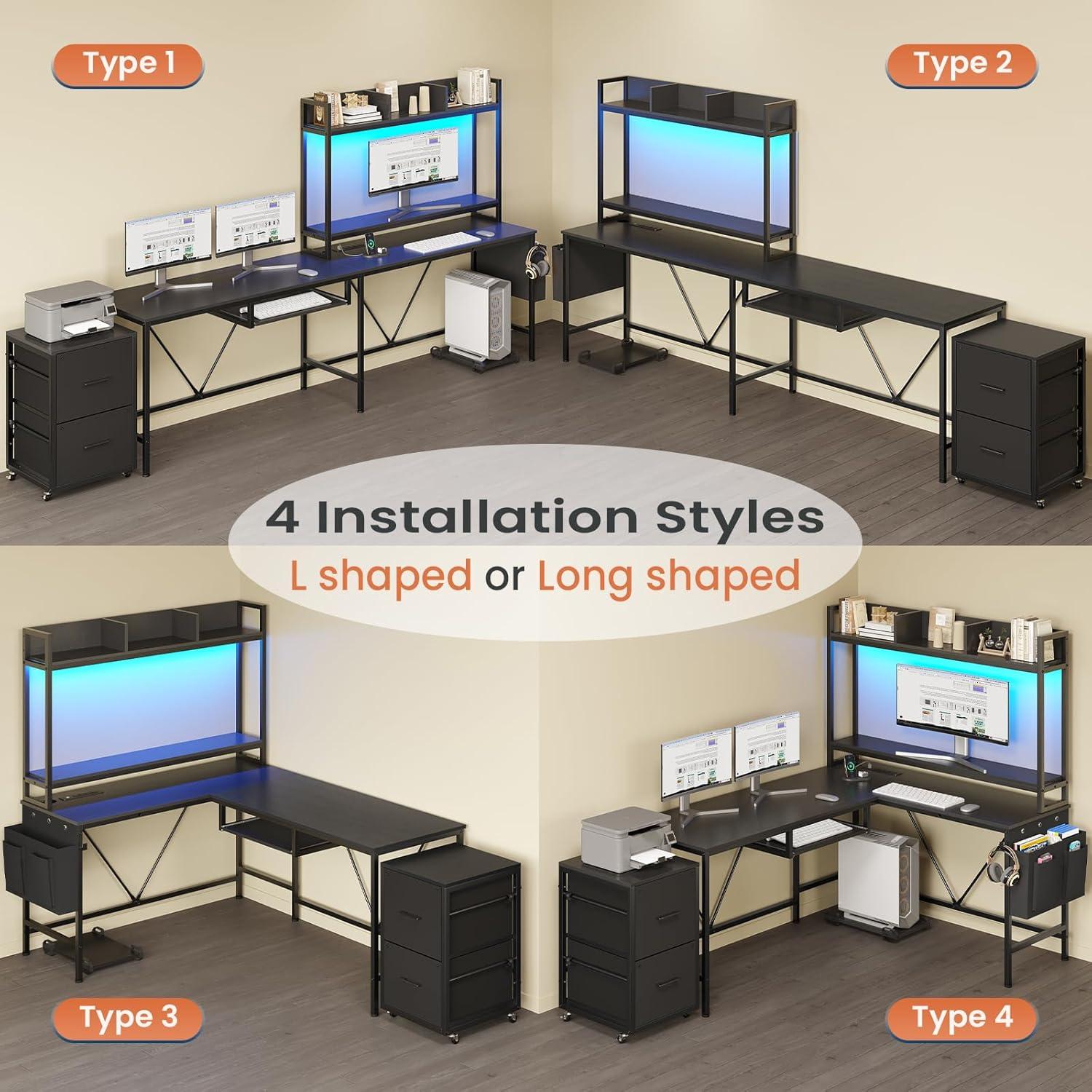 ADORNEVE Adult Collection Modern L-Shaped Power Outlet and LED Strip Desk, Rustic Brown