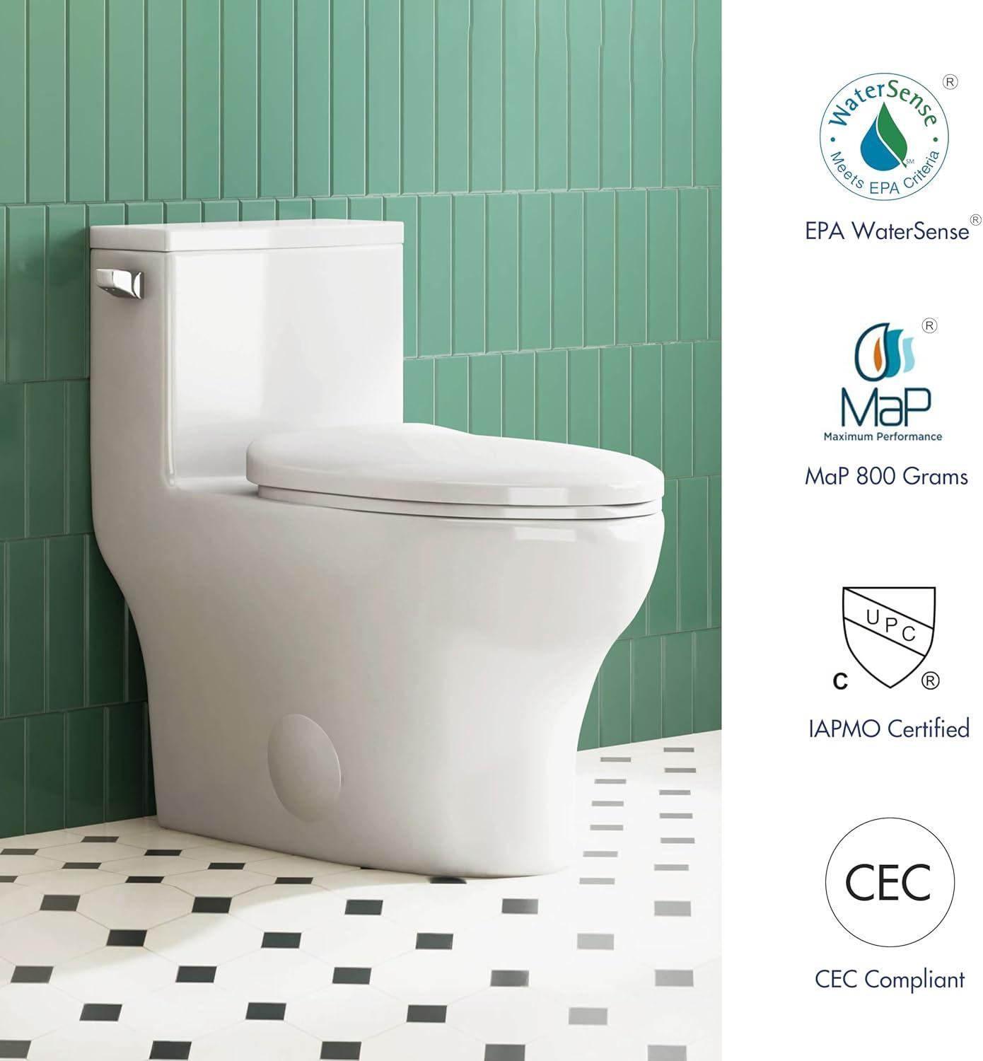 Eridanus One Piece Toilet Elongated With Soft Closing Seat, Comfortable ADA Compliant 17" Chair Height Seat, Powerful & Quiet Left Side Trip Lever Flush (1.28 GPF), 12" Rough-In