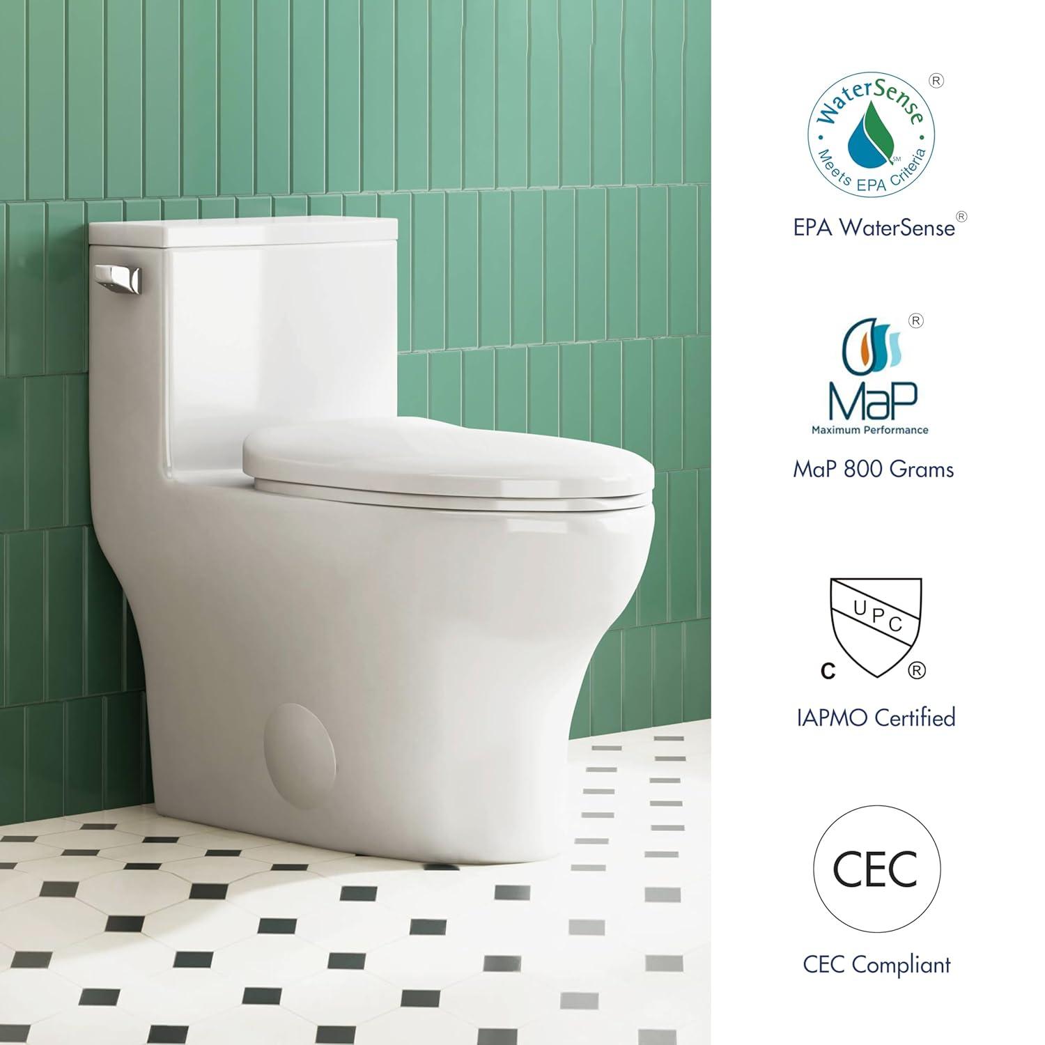 Eridanus One Piece Toilet Elongated With Soft Closing Seat, Comfortable ADA Compliant 17" Chair Height Seat, Powerful & Quiet Left Side Trip Lever Flush (1.28 GPF), 12" Rough-In