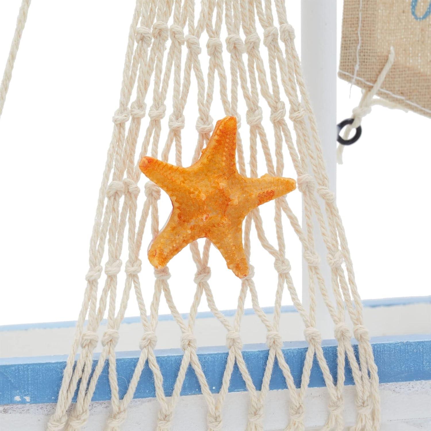 Life is A Journey, Enjoy It Wooden Sailboat Model with Flag, Net, Starfish, and Floating Tube for Nautical Home and Bathroom Boat Decor, Countertop, Shelf (13x8x3 in)