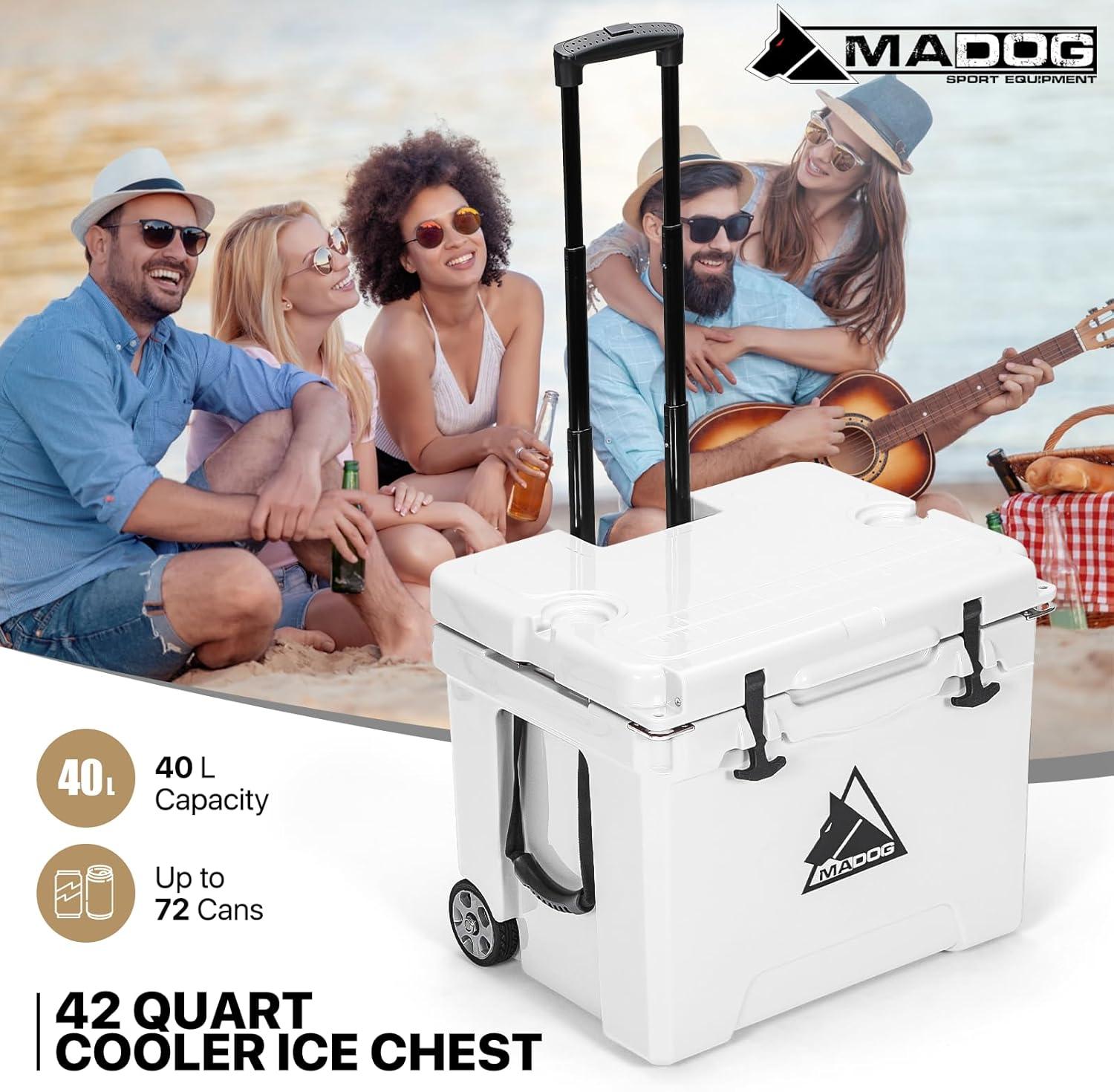 MADOG 42 Quart Towable Ice Chest with Cup Holder and Wheels, Holds Up to 72 Cans, Outdoor Picnic Camping Hard Cooler, White