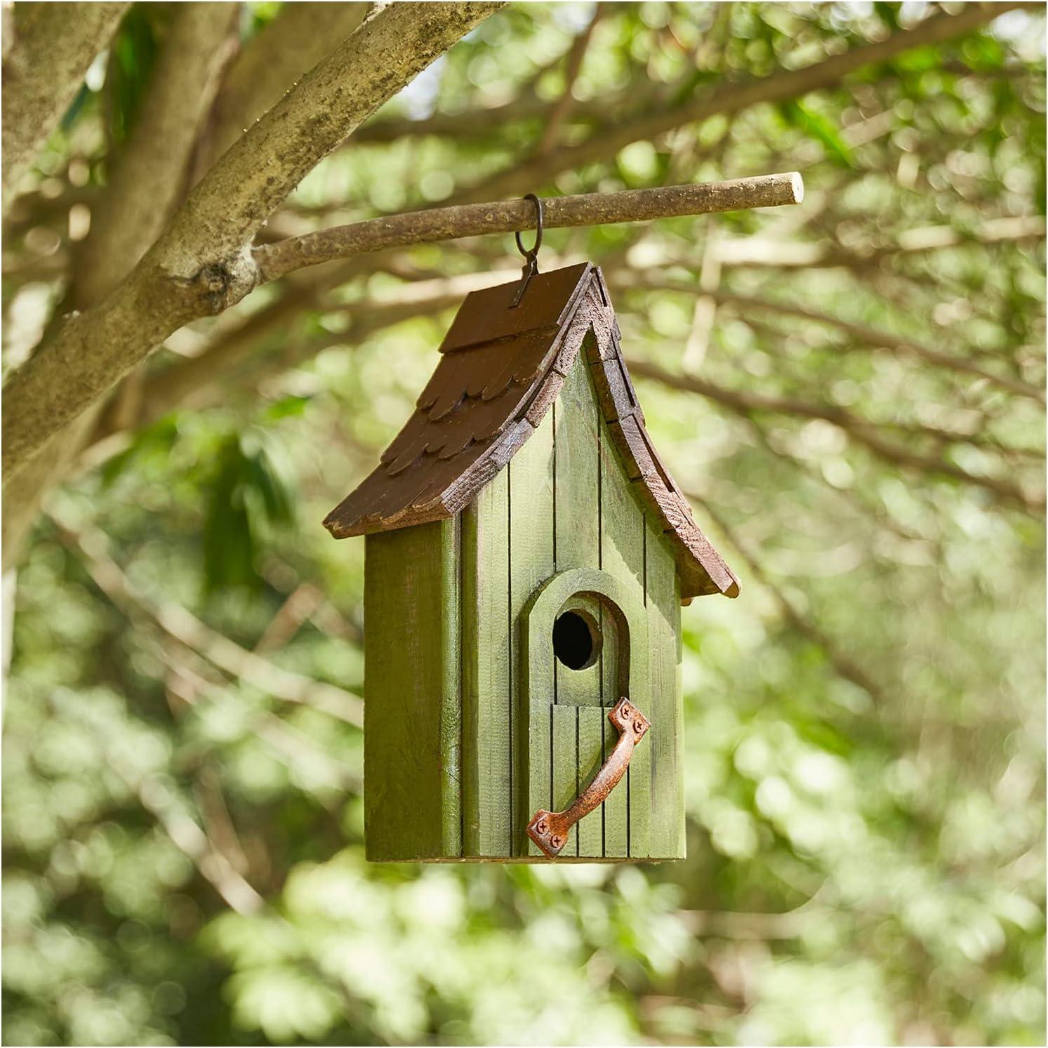 Green Hand Painted Wood Birdhouse with Distressed Details