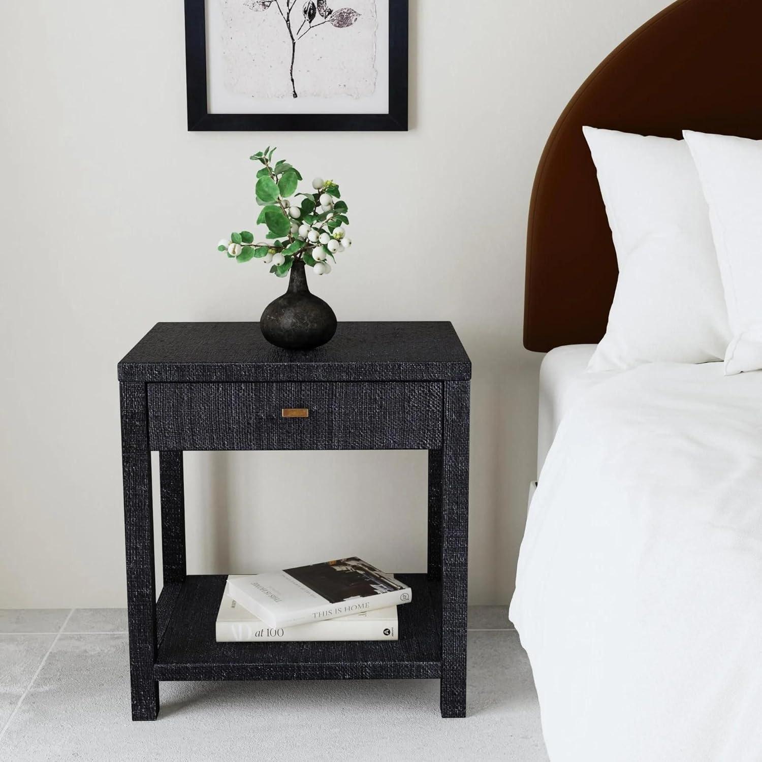 East at Main Indigo Road by Egypt Sherrod Gia Black Bedside Table with Drawer & Open Shelf – Modern Wood Nightstand for Bedroom Storage, Handcrafted Raffia Accent Table