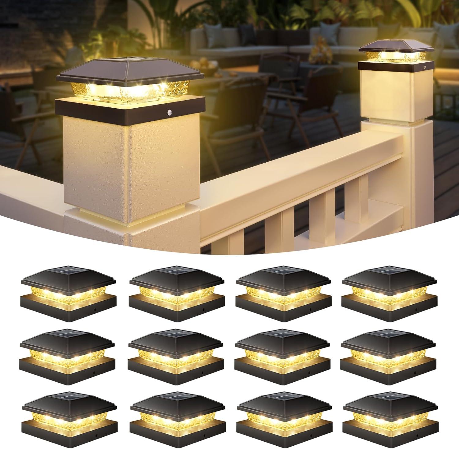 VOLISUN 4x4 Solar Fence - Post Lights Outdoor Waterproof 12pack, Deck Cap Light for 4x4 Wooden/4x4 Vinyl,Black Solar Fence Post Cap Light for Garden/Patio/Porch