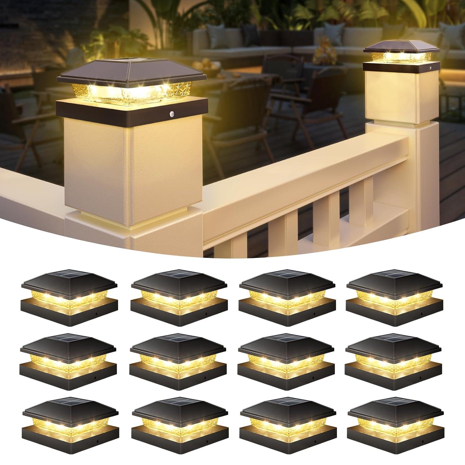 VOLISUN 4x4 Solar Fence - Post Lights Outdoor Waterproof 12pack, Deck Cap Light for 4x4 Wooden/4x4 Vinyl,Black Solar Fence Post Cap Light for Garden/Patio/Porch
