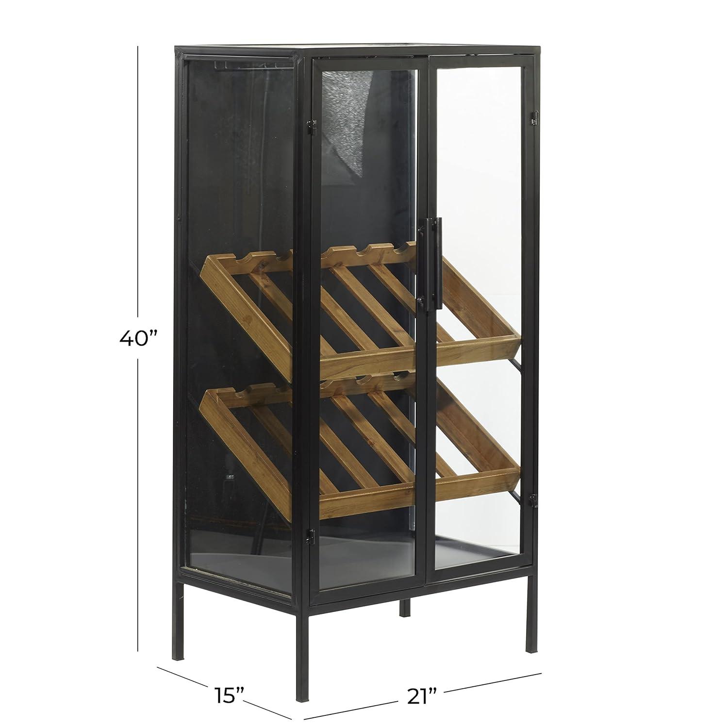 DecMode 21" x 40" Black Metal 10 Bottle Standing Wine Rack with Wine Glass Holders and Wood Accents, 1-Piece