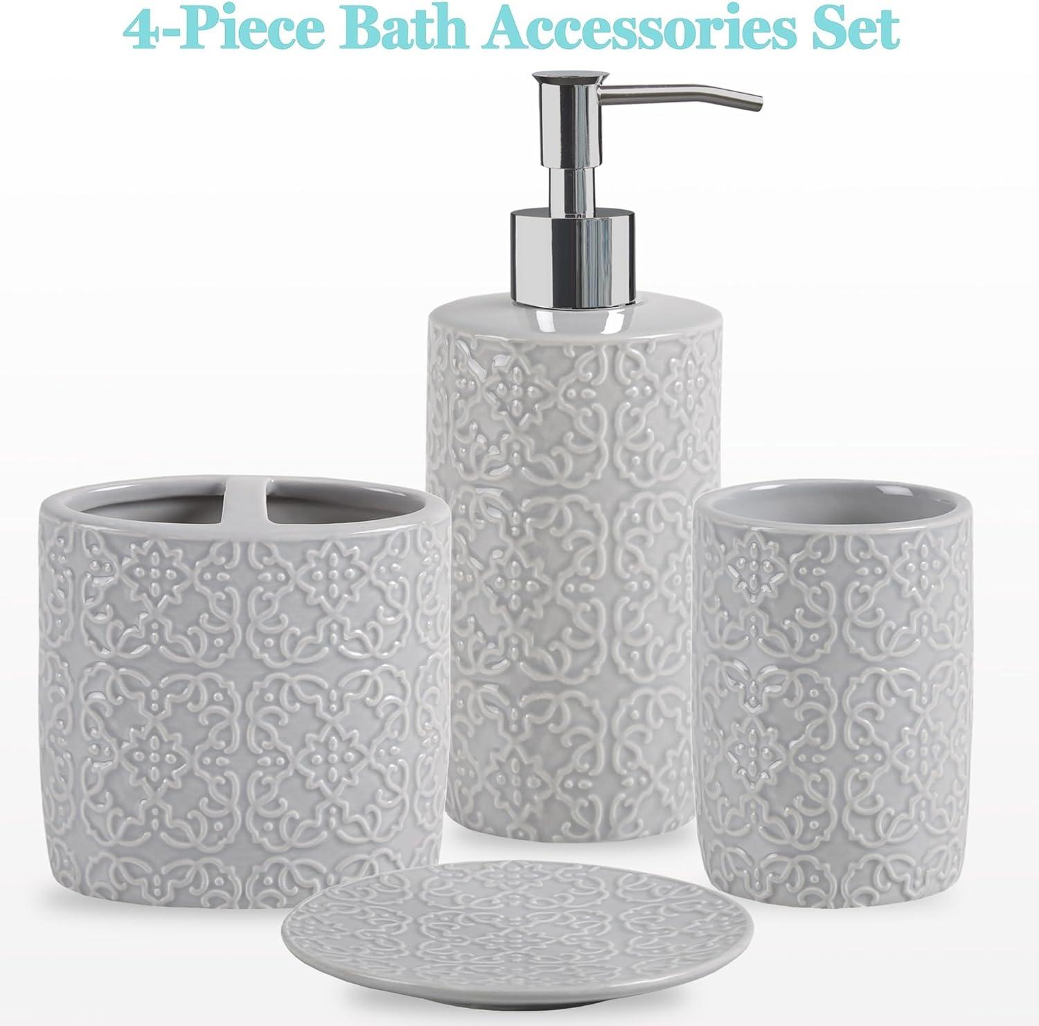 Martha Stewart Ceramic Bathroom Accessories Set, Vanity Decor Storage Organizer, Embossed Damask Medallion, Lotion/Soap Dispenser, Toothbrush Holder, Tumbler, Trinket Dish, Assorted Sizes Grey