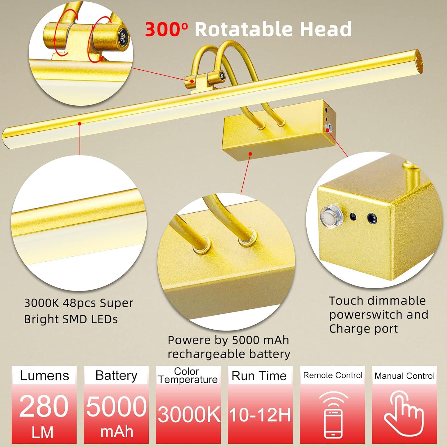 Picture Light,  Battery Operated Picture Lights For Paintings,Metal Remote Control Display Art Light With Timer And Dimmable For Wall Painting,Frame, Portrait, Dartboard-Brass