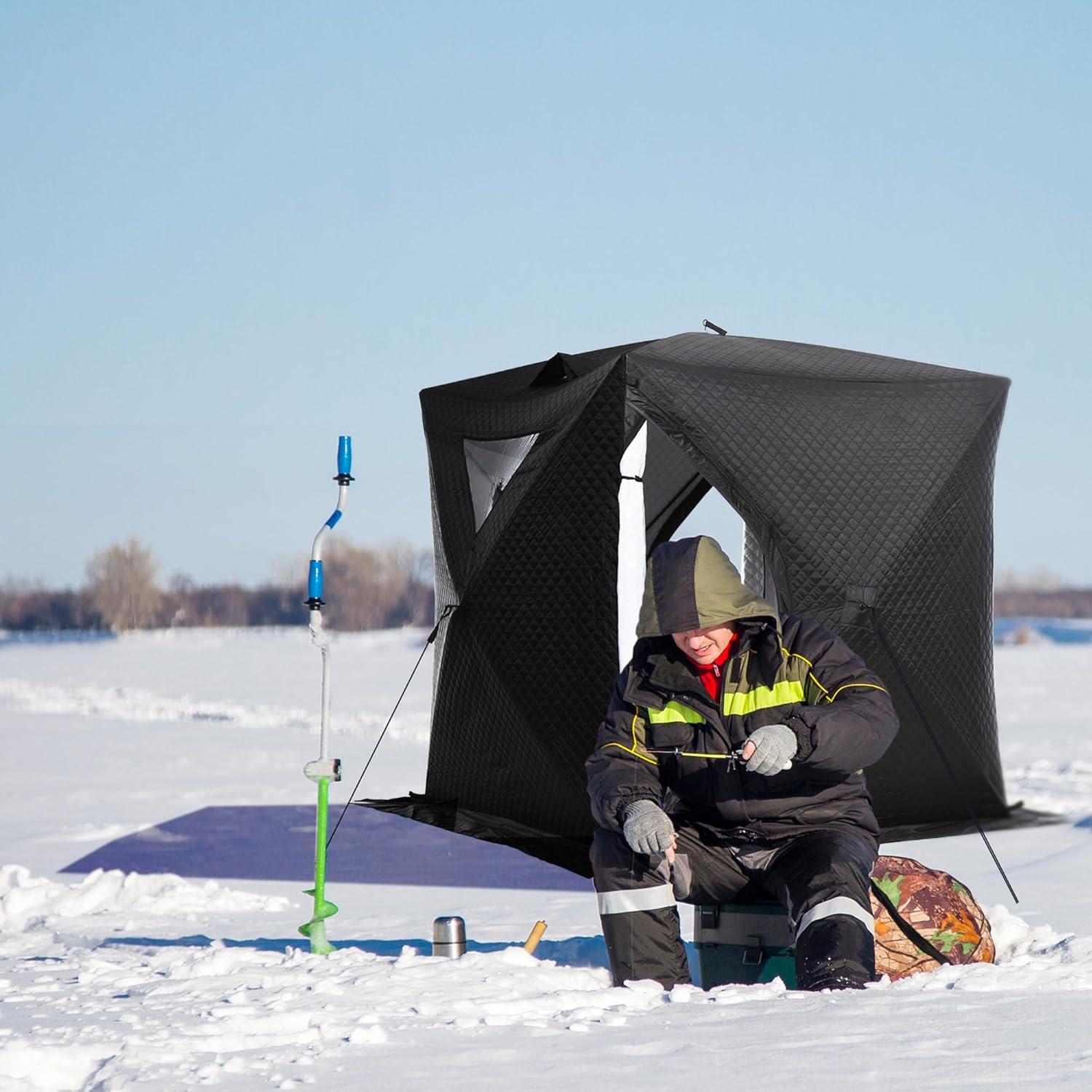 Outsunny 2 Person Ice Fishing Shelter with Padded Walls, Thermal Waterproof Portable Pop Up Ice Tent with 2 Doors, Black