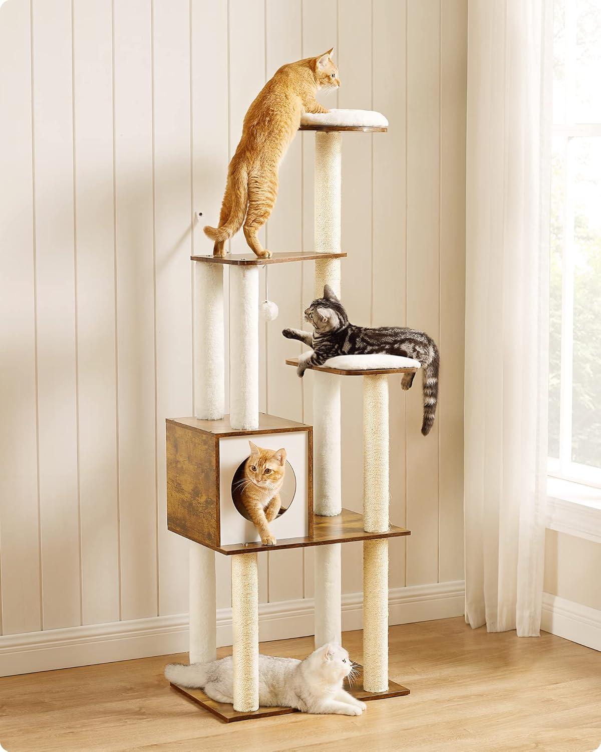 Rustic Brown and Cloud White Multi-Level Cat Tree with Sisal Posts