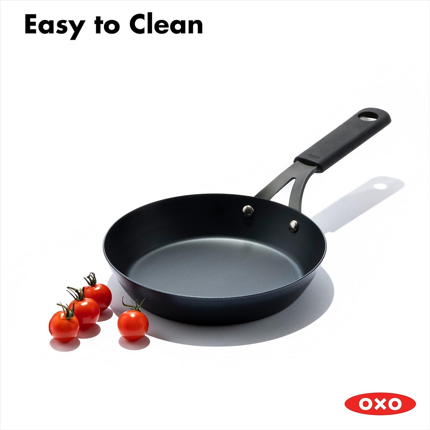 OXO Obsidian Pre-Seasoned Carbon Steel Induction Safe 8" Frying Pan with Silicone Sleeve, Black