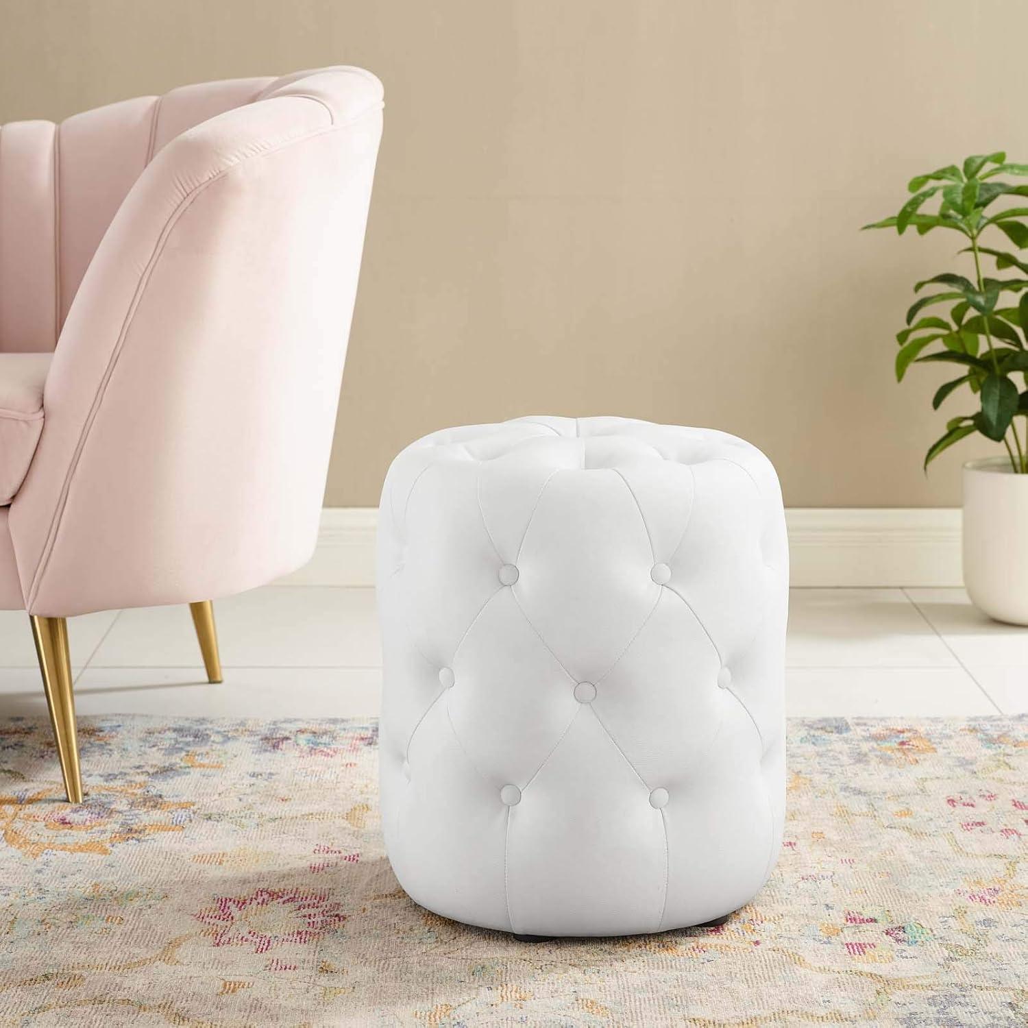 Amour Luxe Tufted Round Ottoman in Vegan White Leather