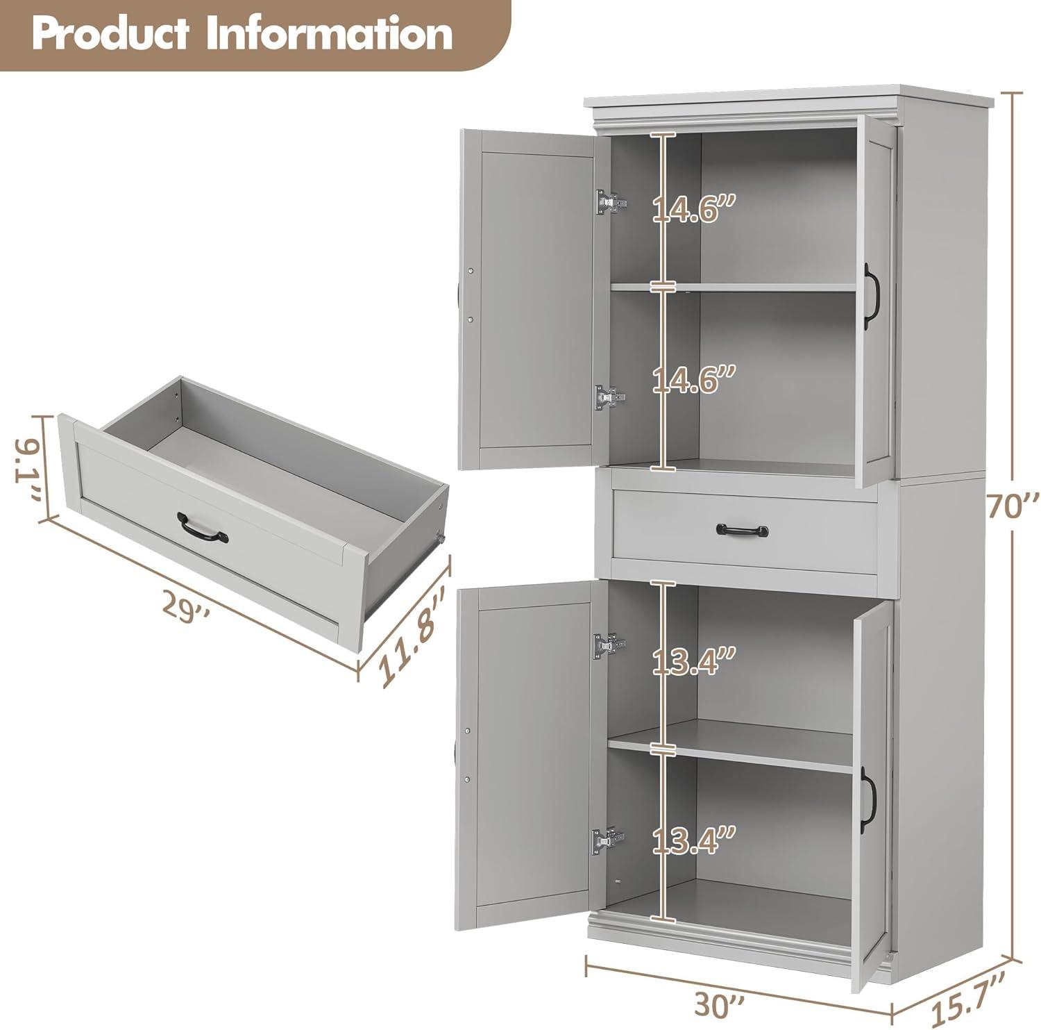 Ataucjin 70" Tall Kitchen Pantry Cabinet, Freestanding Cupboard Kitchen Pantry Storage Cabinet, Freestanding Cupboard with Doors and Adjustable Shelves, for Bathroom, Dining Room, Living Room