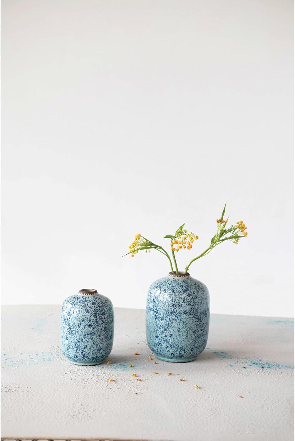 Distressed Blue Ceramic Floral Bouquet Vase 6.5" H