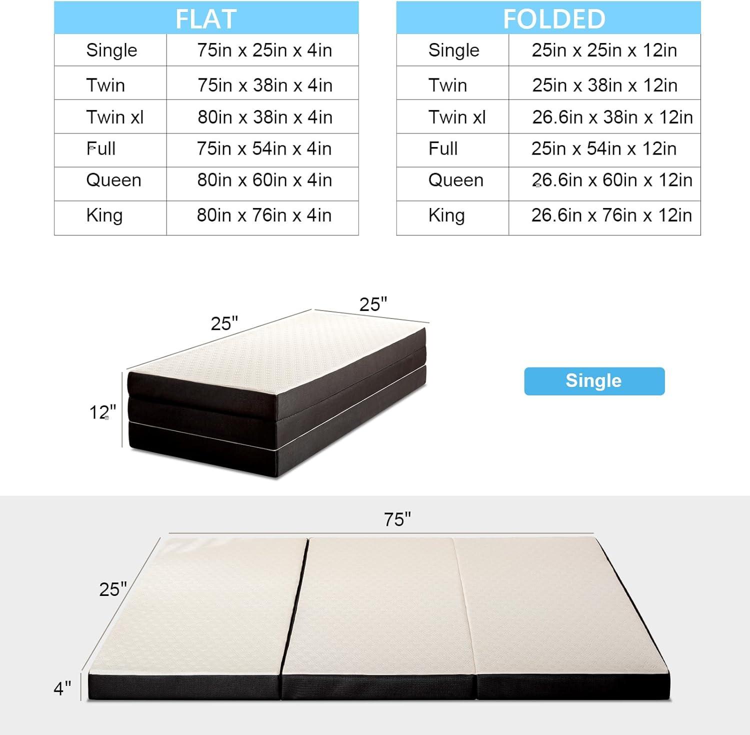 Foldable Gel Memory Foam Mattress with Bamboo Fiber Cover, 75" x 25" x 4"