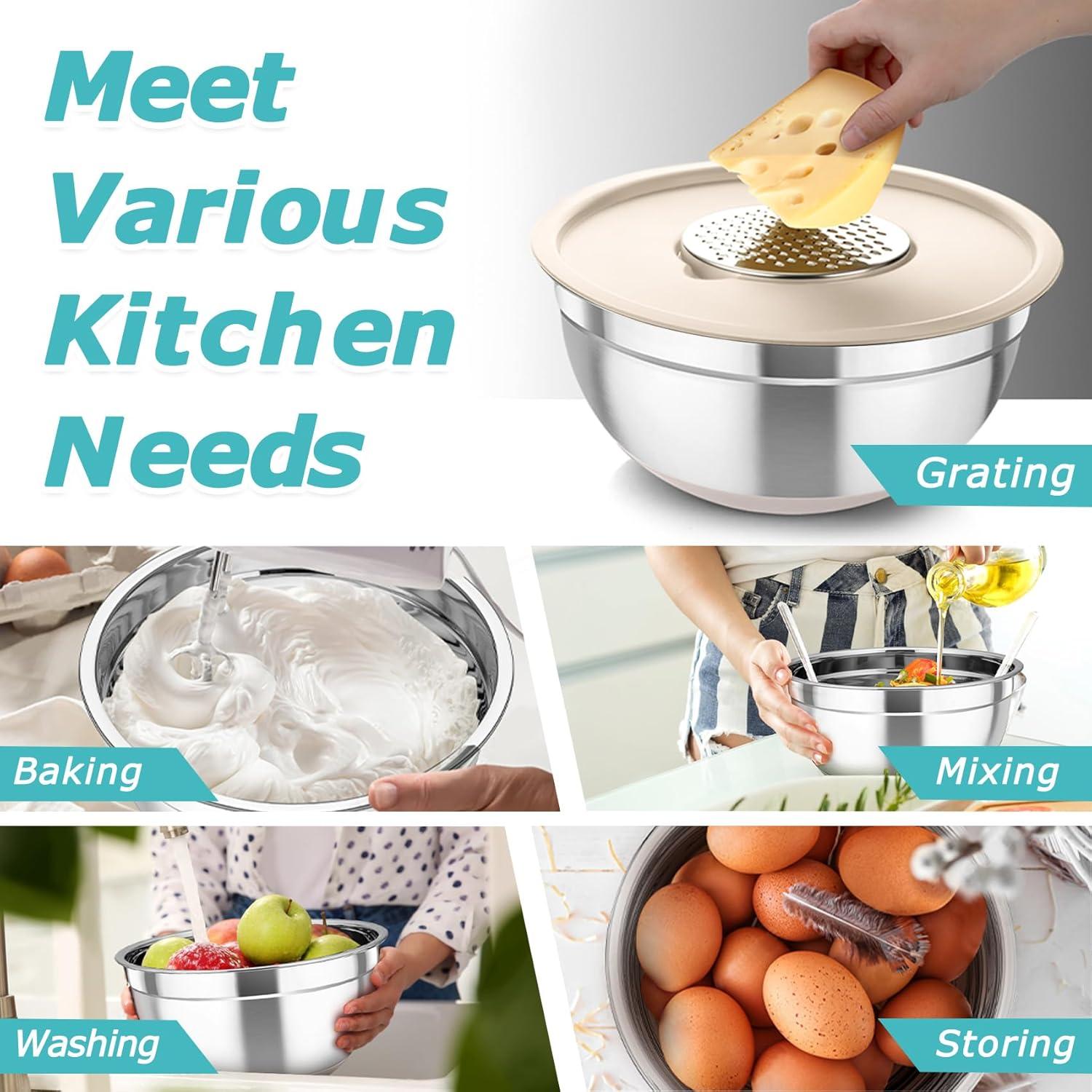 Toledo Bath & Kitchen Stainless Steel Mixing Bowls With Lids, 5-Pack Metal Nesting Bowls With Airtight Covers For Cooking, Baking, Serving, Storage, Non-Toxic & Dishwasher Safe, Size 4.6/3/1.5/1/0.7QT - Khaki