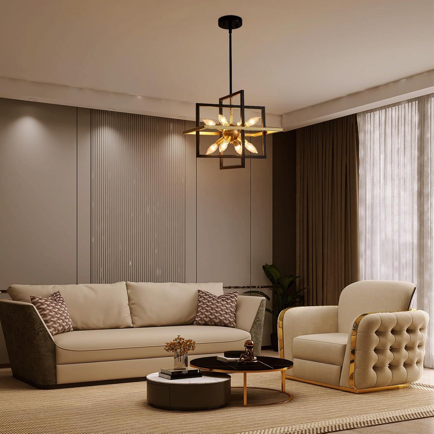 Modern Black and Gold Chandelier, 8-Light Geometric Pendant Light Fixture, Dining Light Fixtures Adjustable Chandelier for Dining Room Entryway Foyer Hallway Bedroom Living Room Kitchen Island