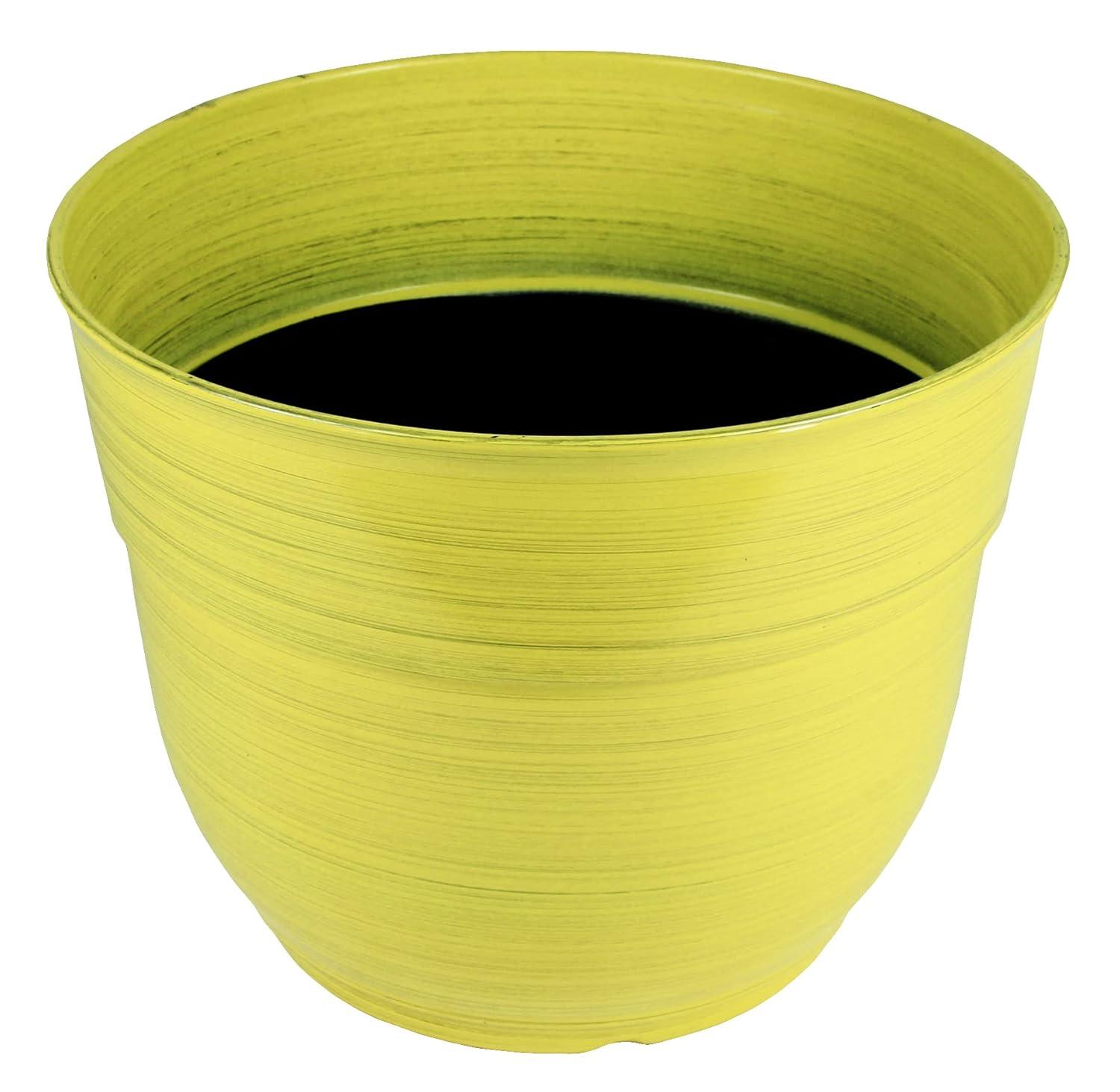 Garden Elements Indoor/Outdoor Glazed Brushed Happy Plastic Planter, Large, Bright Yellow, 15"
